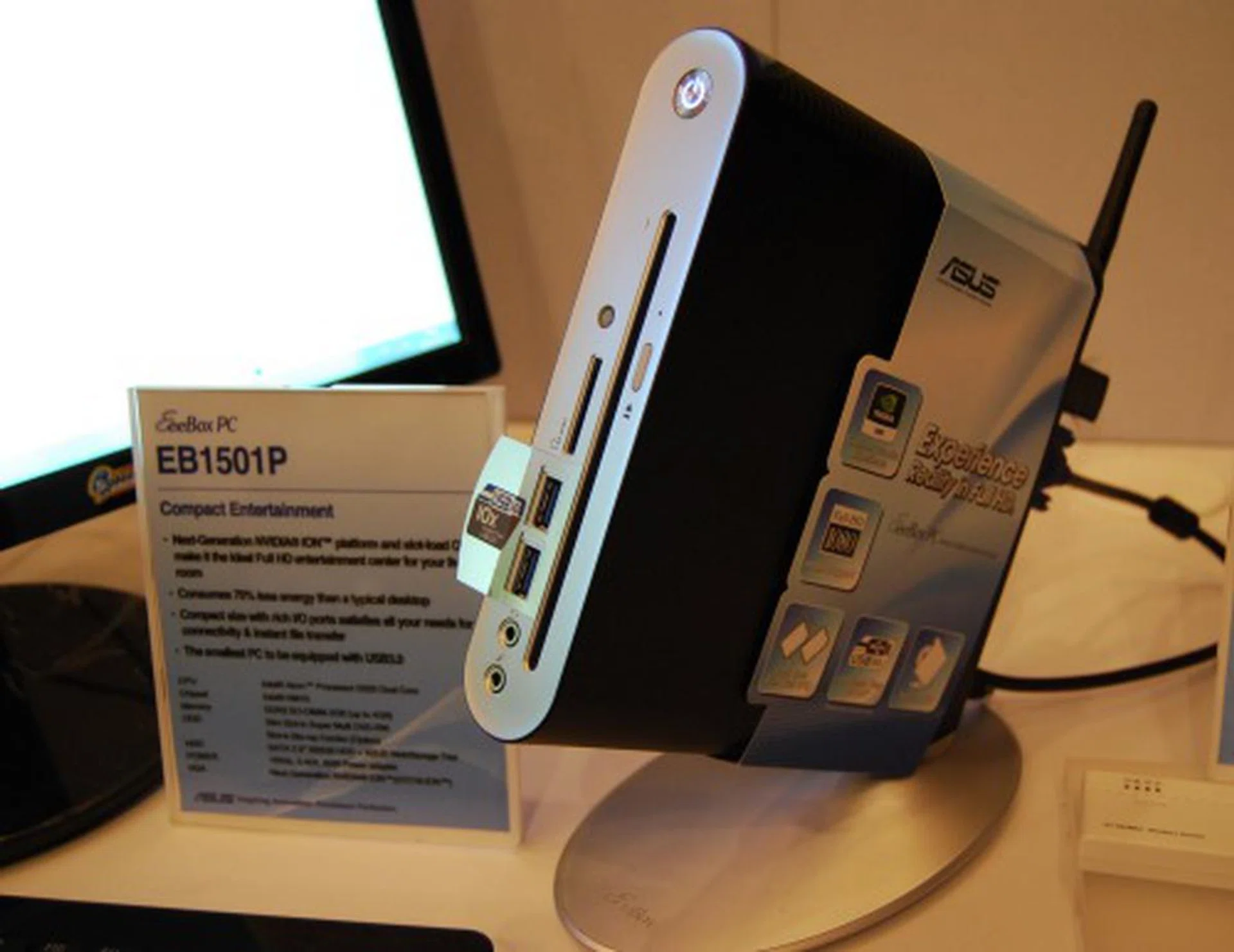 The new EeeBox PC EB1501P is still using an Atom based system but now comes with second generation NVIDIA ION graphics, USB 3.0 and comes with a built-in ODD.