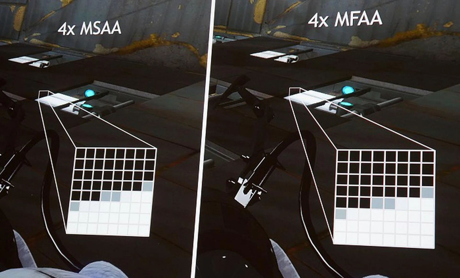 To prove this point further, NVIDIA showed us a side-by-side comparison using the Portal 2 game. The resulting quality is indistinguishable on MSAA or MFAA.