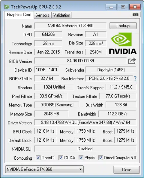 A quick specs overview of the Gigabyte GeForce GTX 960 Windforce 2X OC graphics card.