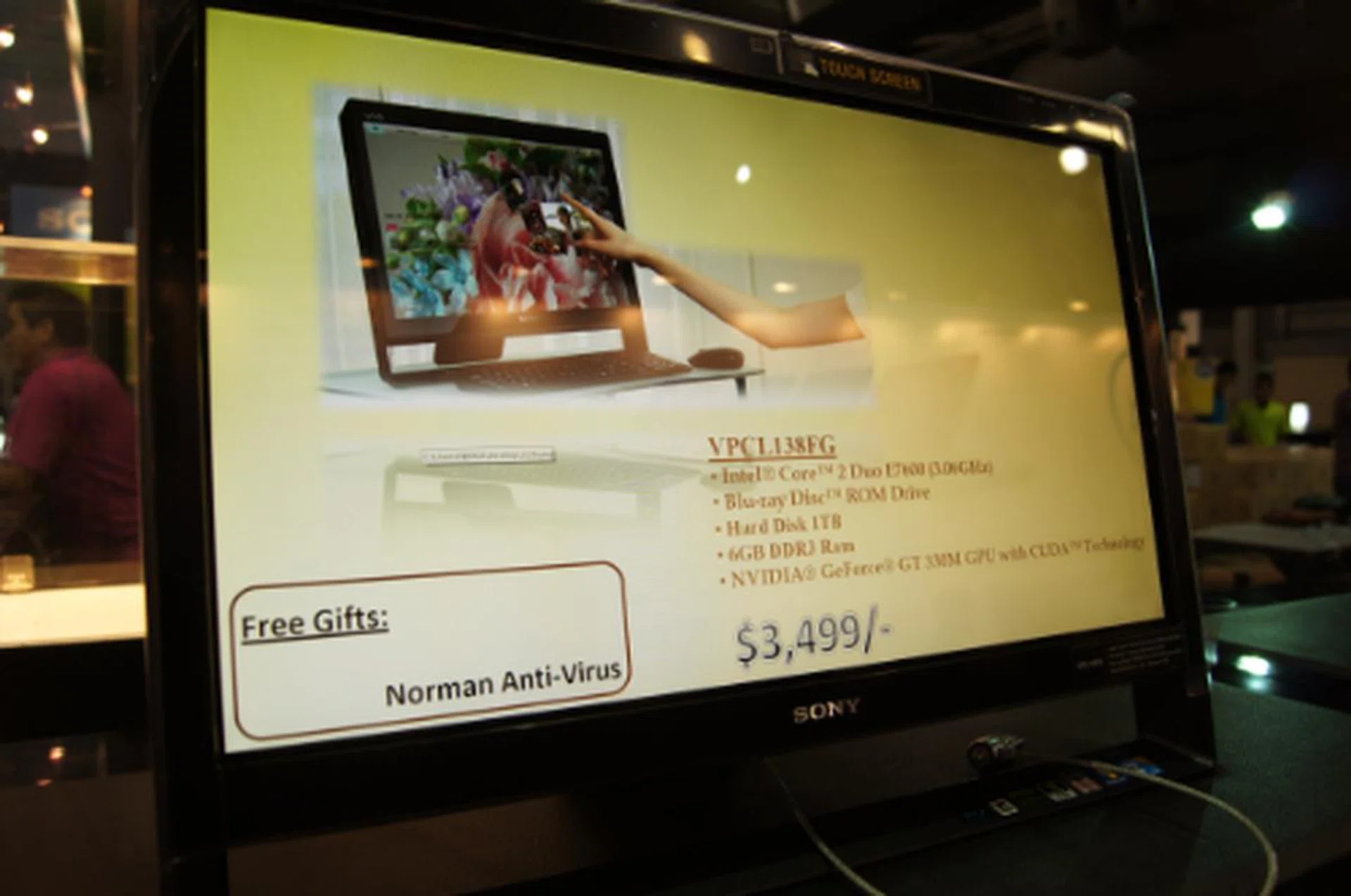 The Sony VPCL138FG AIO features a 1TB HDD, 6GB DDR3 RAM and a free Norman Anti-Virus software. Price? $3499.