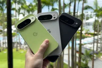 Rear view of the Google Pixel 10, Pixel 10 Pro, and Pixel 10 Pro XL.
