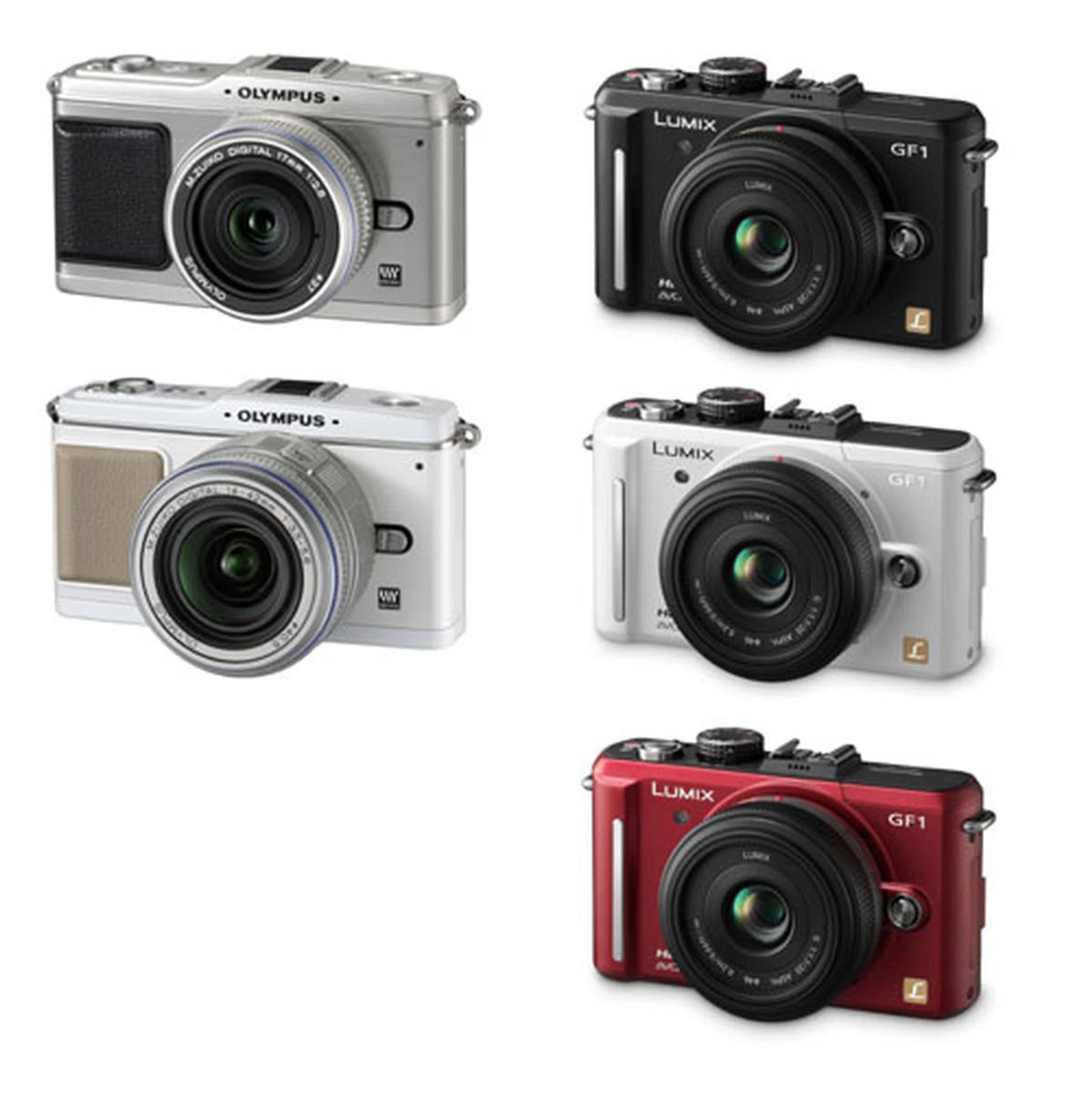 The Olympus PEN E-P1 (left) comes in silver and white, while the Panasonic Lumix GF1 (right) in black, white and red bodies (image not to scale).