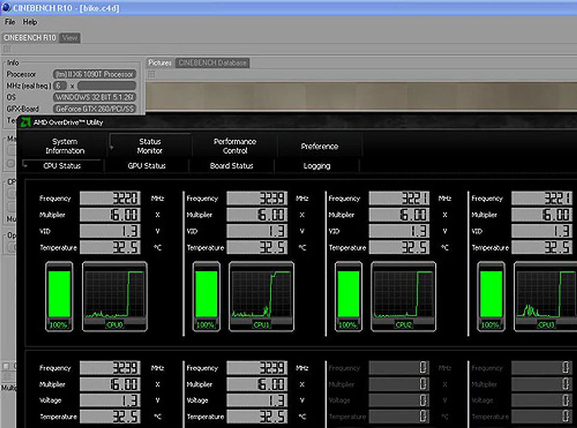 In Cinebench 10, with all the cores running, the clock speeds for all six cores are at its stated 3.2GHz. Turbo Core is disabled since there are no idle cores.