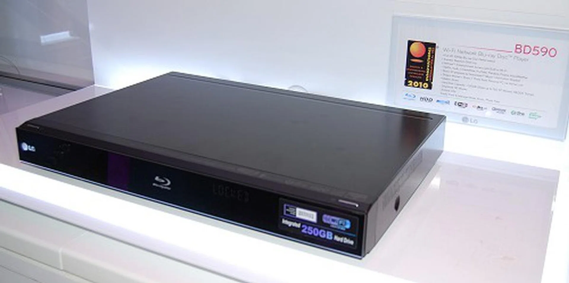 This BD590 is a WiFI network Blu-ray player. It too boasts of NetCast functionality, and even has a 250GB hard drive to store media content and easily share it among other DLNA certified equipment.