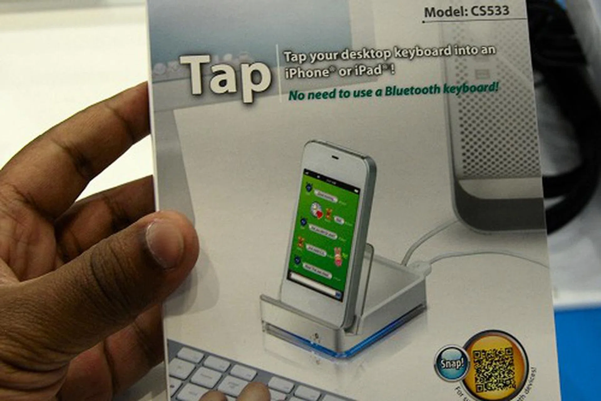 Enter the Aten Tap (CS533), a device that converts existing USB or Wireless keyboards to be Bluetooth capable.