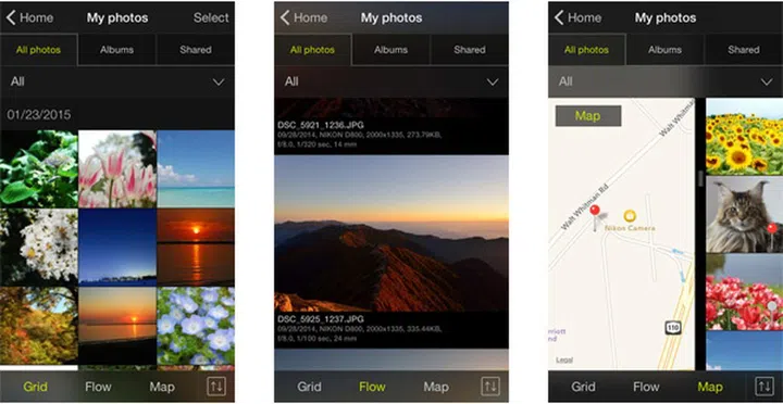 The 3 main screens of the Nikon Image Space app.