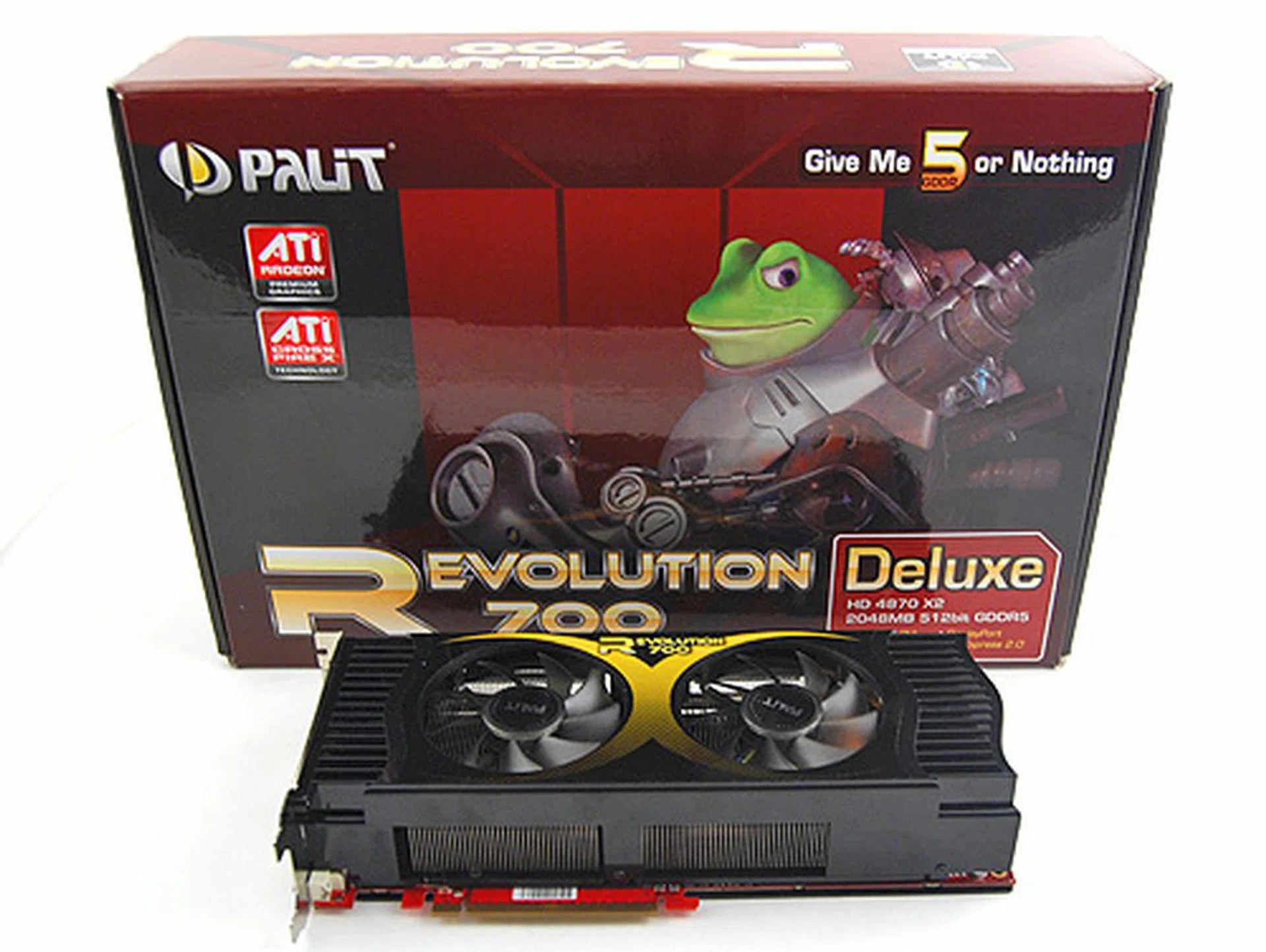 The Palit Revolution 700 Deluxe is our largest card on show. It also came in the largest box, and as usual, Frobo fronts the cover.