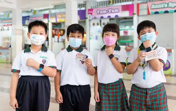 Xishan Primary School students showing off their POSB Smart Buddy devices and cards used for digital payments in the school grounds. Image credit: DBS.