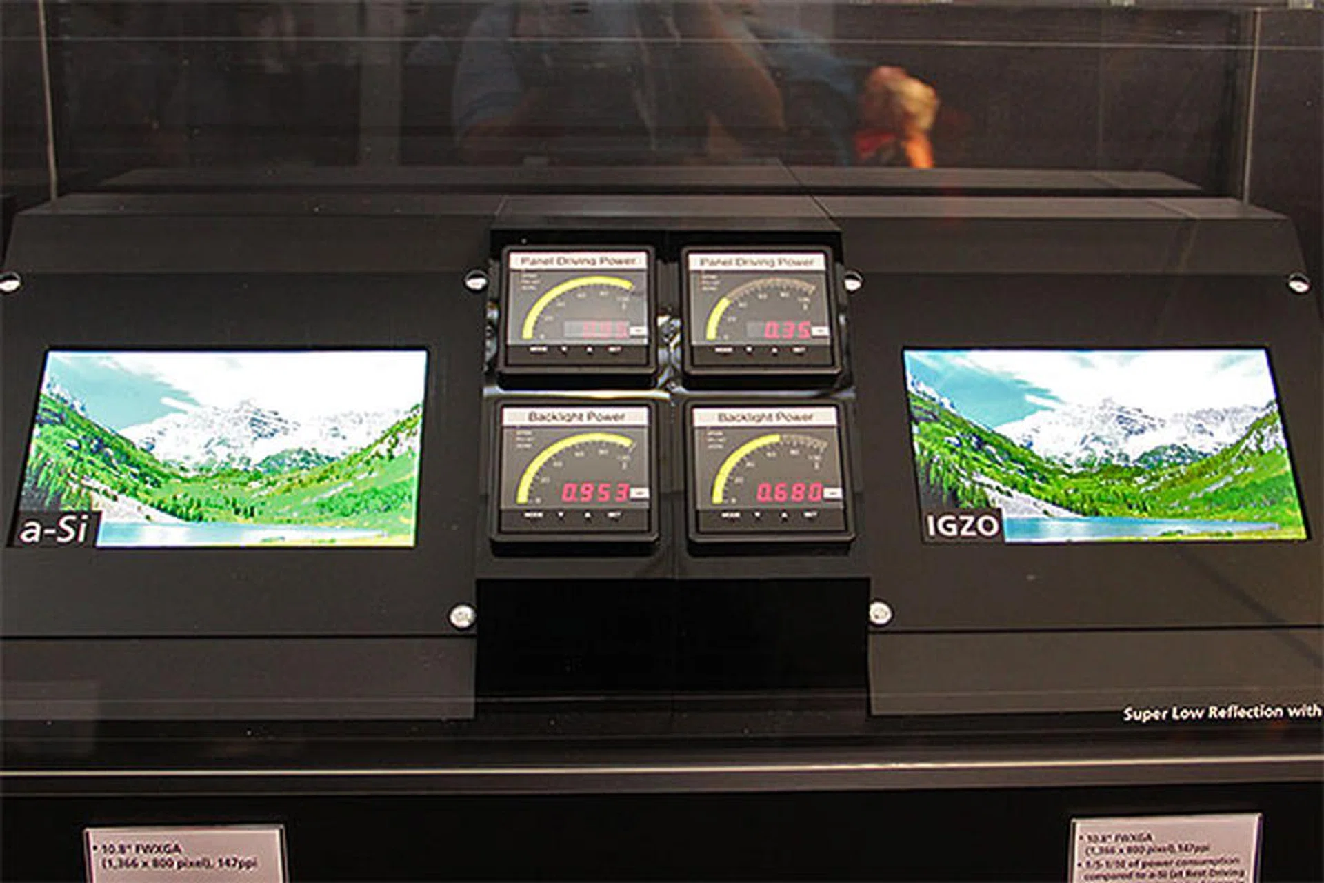 Here's a power consumption comparison between two 10.8-inch FWXGA (1,366 x 800 pixels) panels. The IGZO-based display uses 1/5 to 1/10 of the power compared to the a-Si display at resting mode. In a nutshell, batteries in devices that use IGZO displays can last longer, or be made smaller.