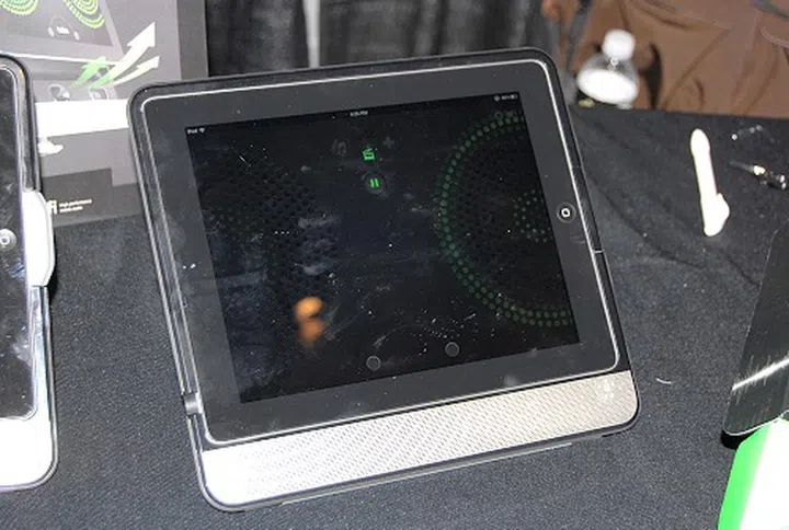 Seen here is a test unit of the Belkin Thunderstorm that fits flush with the Apple iPad.