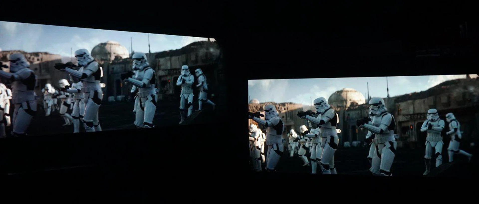 A scene from The Mandalorian series on Disney+. This streaming show support Dolby Vision, so we're once again testing using the Dolby Vision Bright Room picture mode on both screens. On the left, we have the Sony A90J, and on the right, we have the LG G1. Note the very slight colour temperature difference between them? That's what sets them apart. They are identical otherwise.