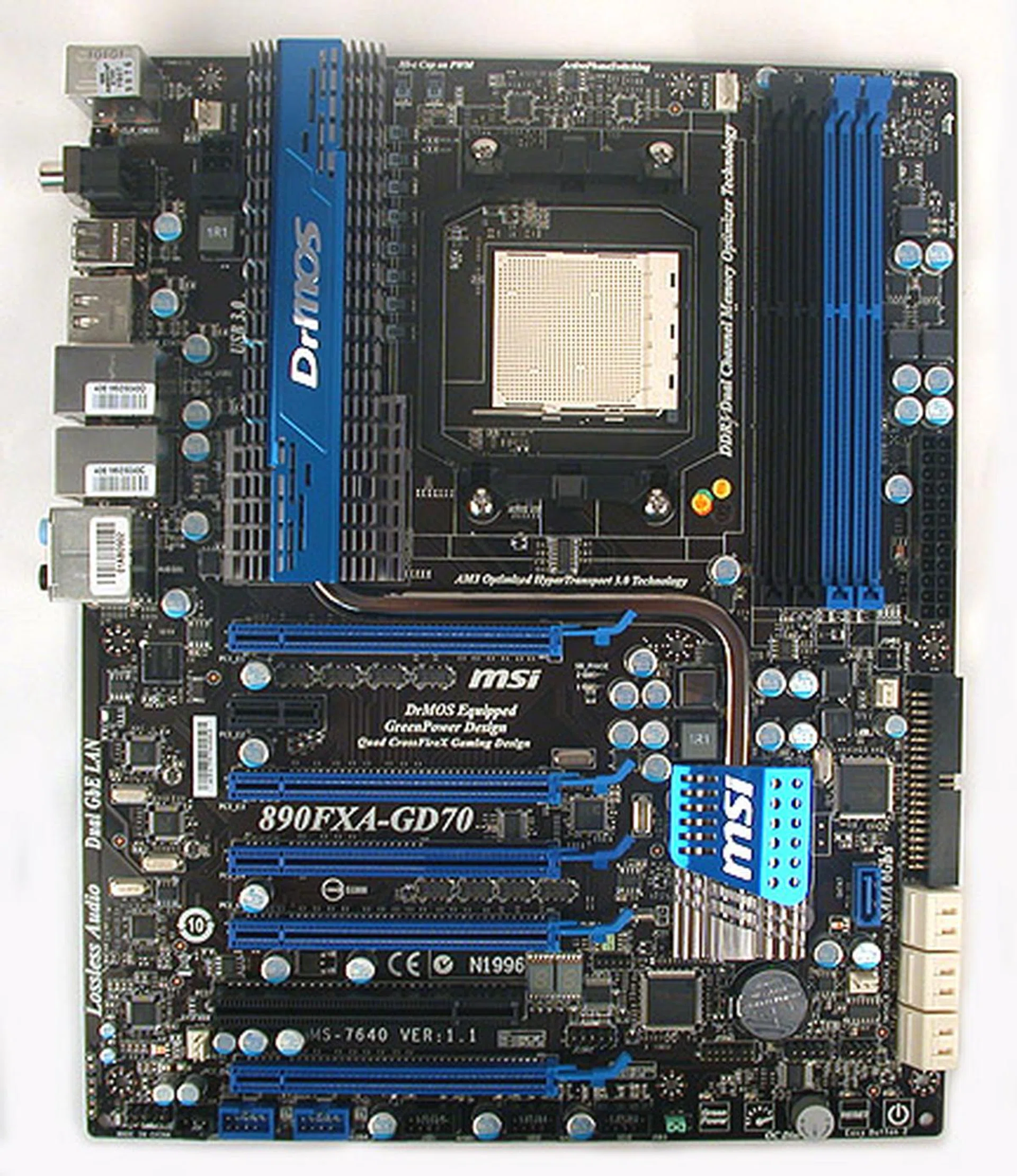 It's the very familiar black and blue design, with MSI's DrMOS feature prominently advertised on the heatsink. 