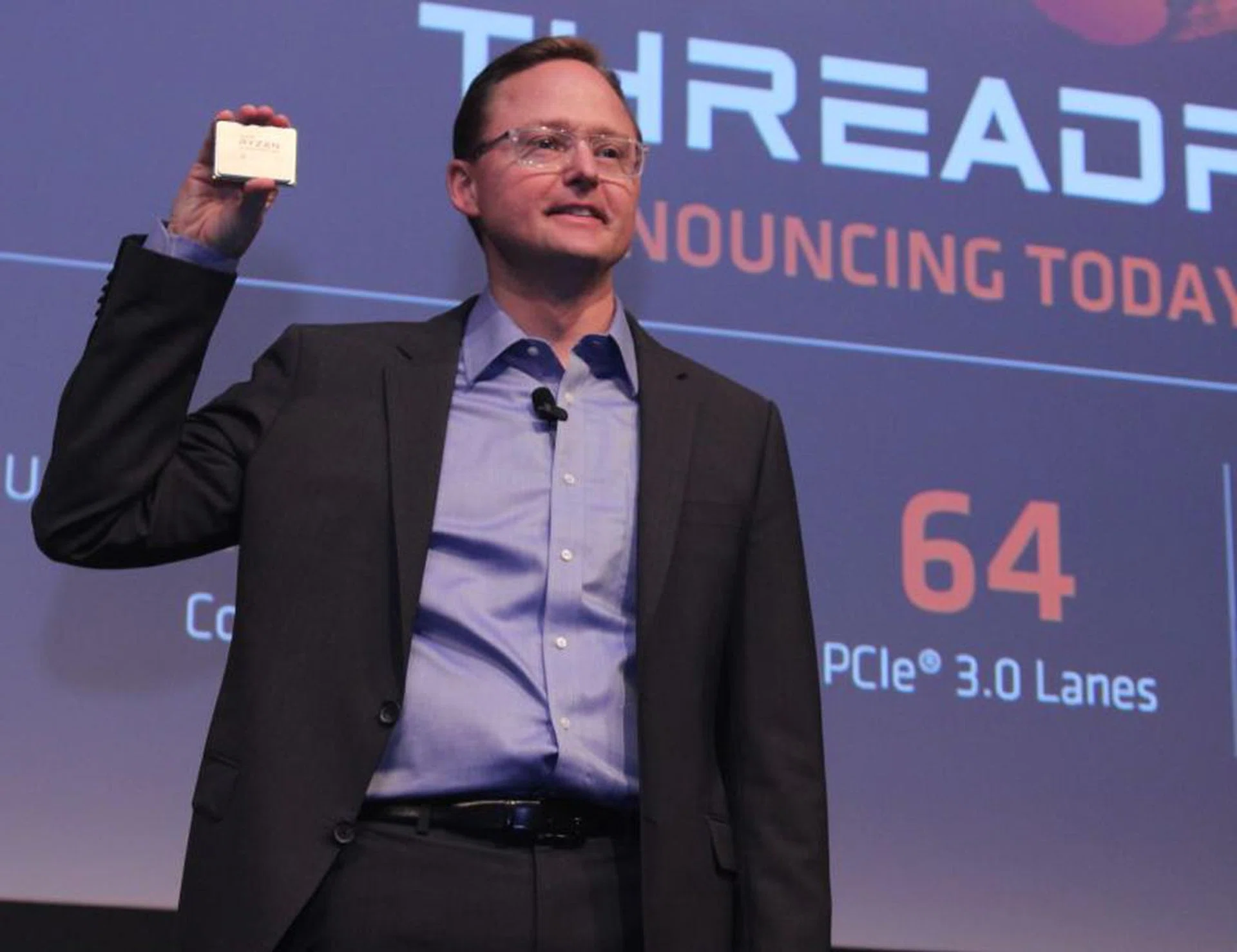 Jim Anderson, Senior Vice President and General manager, Computing and Graphics, AMD, holding the new Ryzen Threadripper CPU.