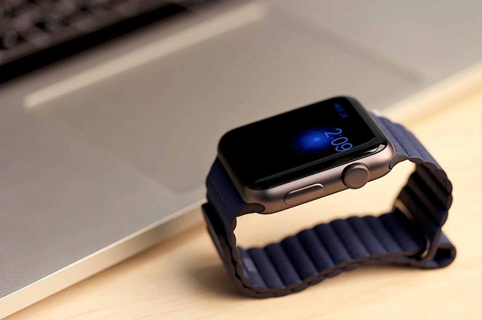 The digital crown and the button below it are the only two physical control buttons on the Apple Watch.