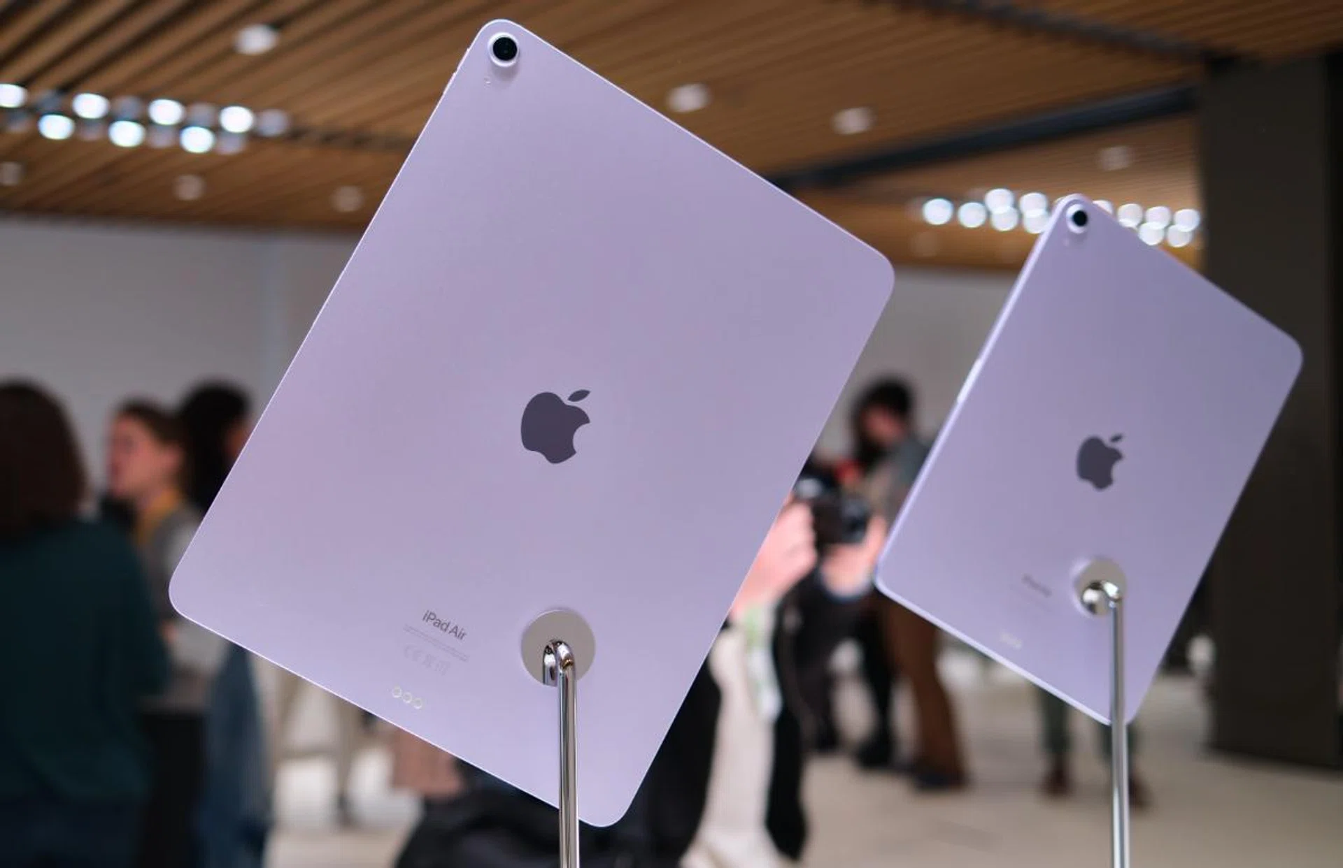The iPad Air is available in four new colours: Blue, Purple, Starlight, and Space Grey. Pictured here is Purple.