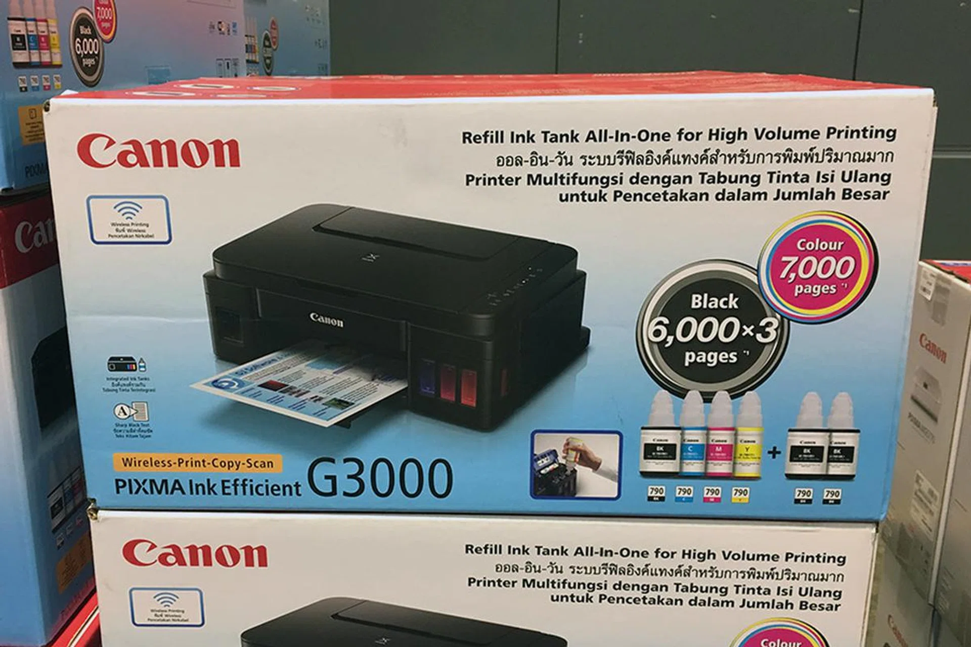 If you print a lot, take a look at the Canon Pixma G3000, which uses very affordable ink tanks. A black ink bottle is able to print up to 6,000 pages in black, while the combined cyan, magenta, and yellow ink bottles can print up to 7,000 pages in color. At CEF, this Wi-Fi-enabled printer is going for $339, with free $20 NTUC voucher.