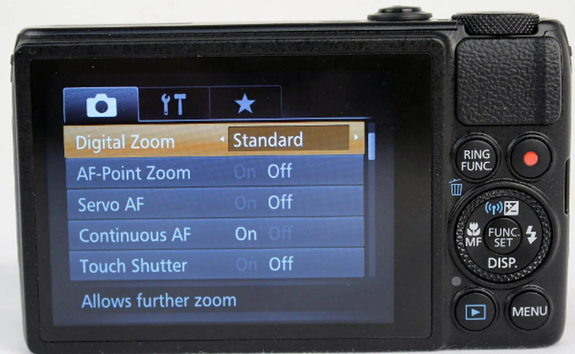 The Menu button brings up the camera's general settings.