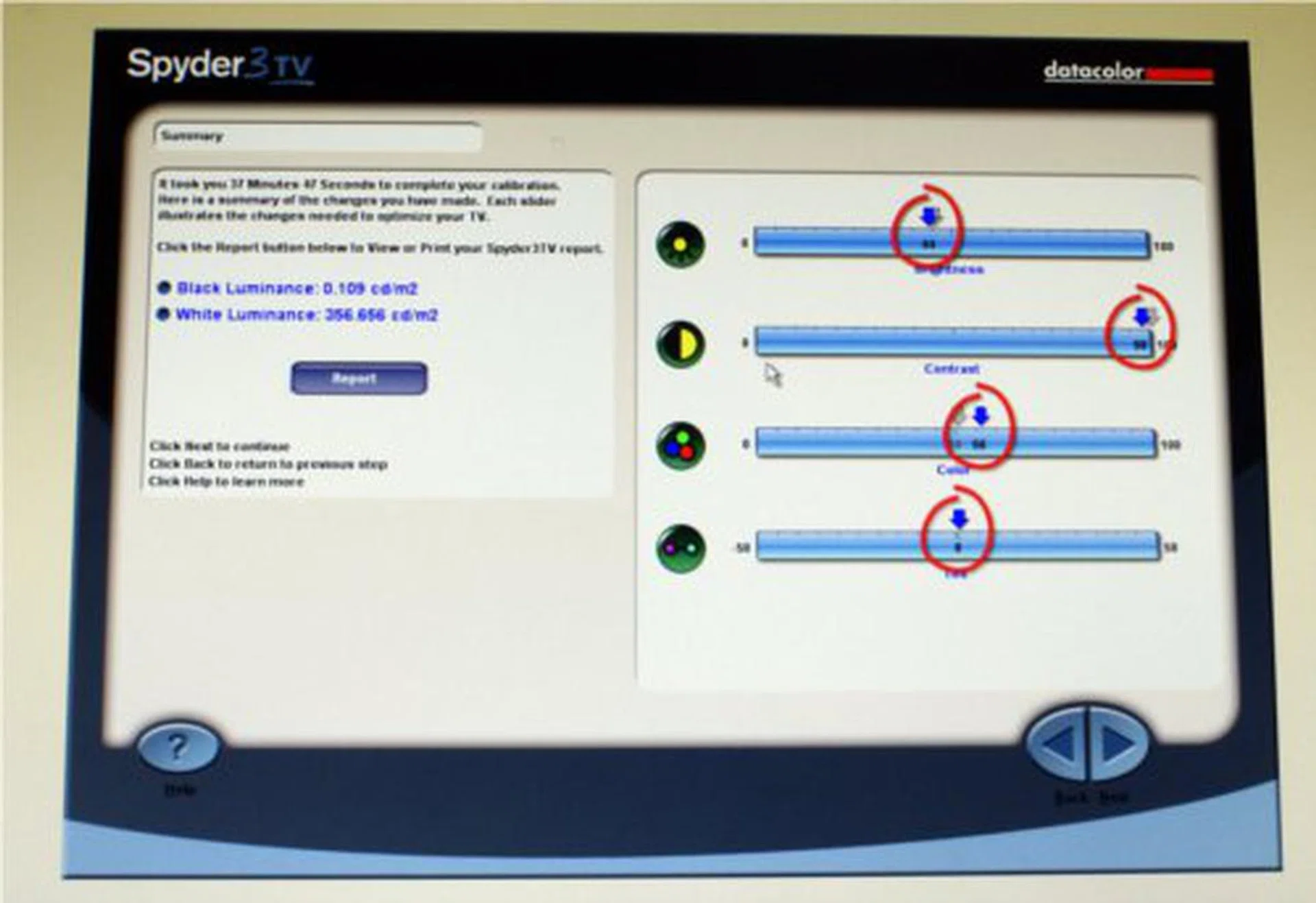 A screen capture from our Spyder3TV Testing and Calibration. We ended up with a black luminance of 0.109 cd/m2 and a white luminance of approximately 357 cd/m2. Basic TV Settings displayed above are Brightness set at 44, Contrast at 98, Color at 56 and Tint at 0.