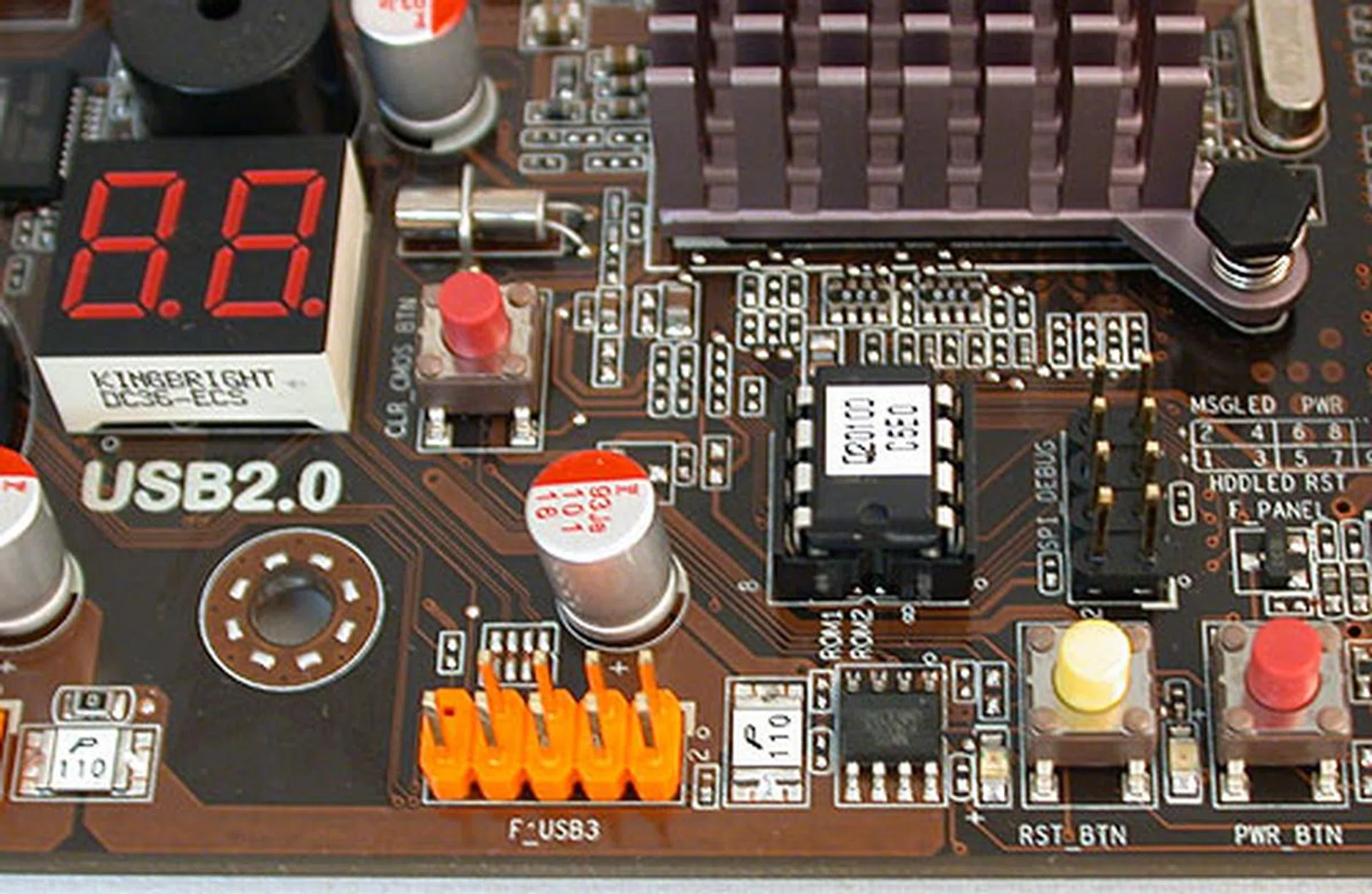 Onboard buttons to power up and reset the system and even one to clear the CMOS, make this board very user friendly for enthusiasts. The status LED indicator could certainly help a technician during troubleshooting but with no information in the manual, we have no clue what the numbers mean. 