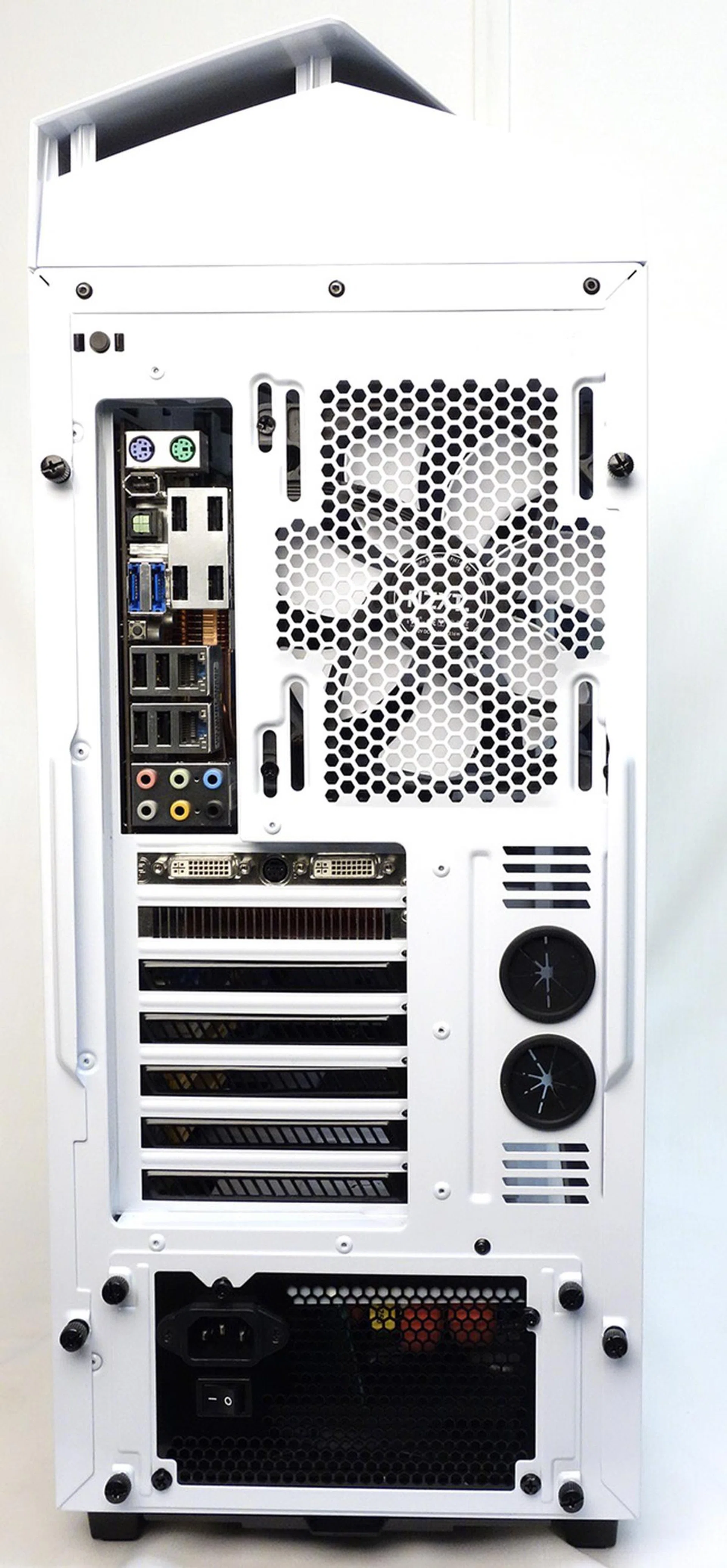 The rear view of the chassis after we installed the PSU, motherboard and graphics card.