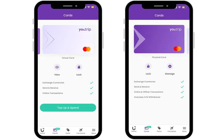 YouTrip's new UI, featuring the dual-lock kill-switch, along with an example of its new virtual card.
