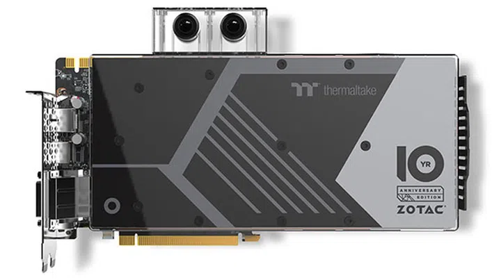 This is a card for systems with custom open-loop liquid cooling. (Image Source: Zotac)