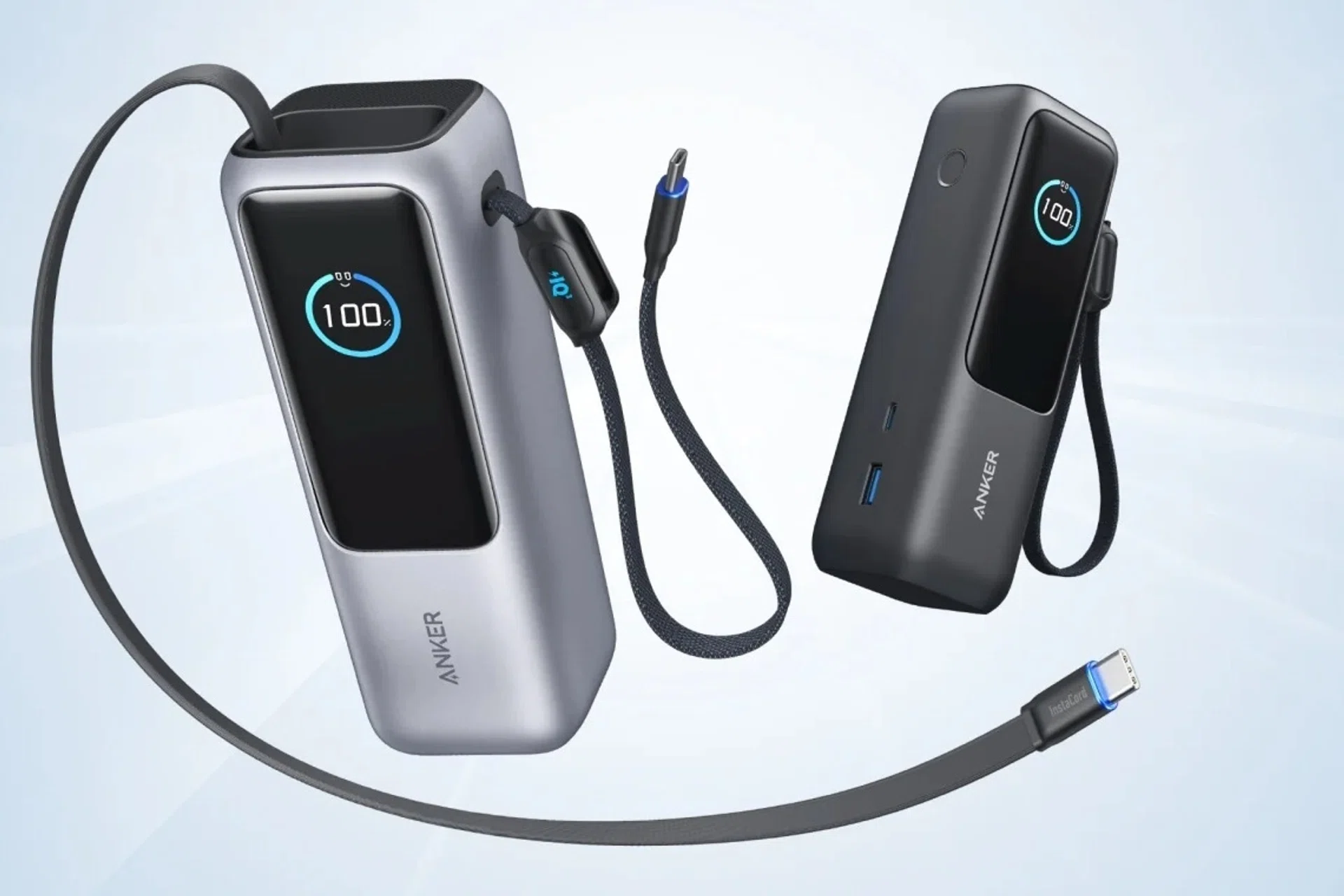 The Anker Power Bank 25,000mAh 165W with built-in- and retractable USB-C cables.