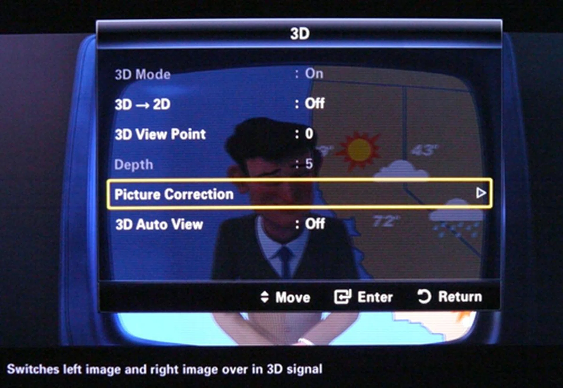 Thankfully, there isn't much to confuse a novice when it comes to the TV's 3D interface. The most critical setting here would have to be 3D View Point, which allows you to control the depth of the stereoscopic effect. Picture Correction toggles images for the left and right eye.