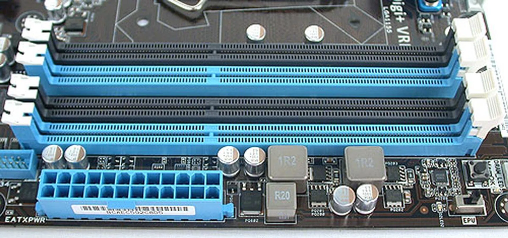 ASUS has as usual gone with its single-lock DIMM slots, instead of having retention clips on both ends. Up to 32GB of DDR3 memory is supported, with a maximum overclockable frequency of 2400MHz.