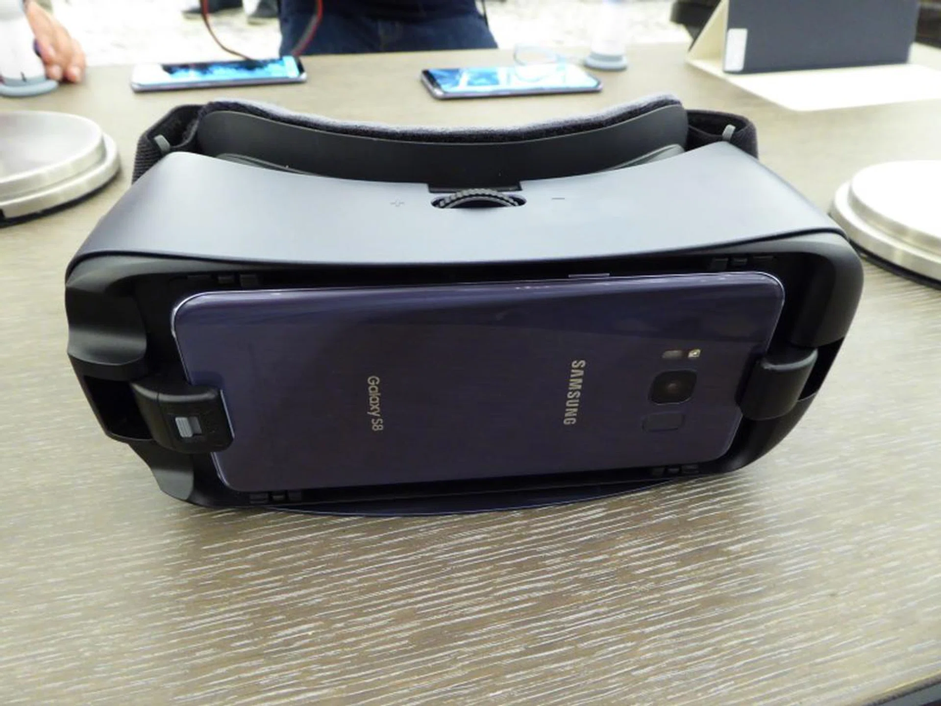 Front view of the Gear VR with a Galaxy S8 attached. Remember, the S8, S8+ and all new accessories/devices launched with it now use USB Type-C connectors.
