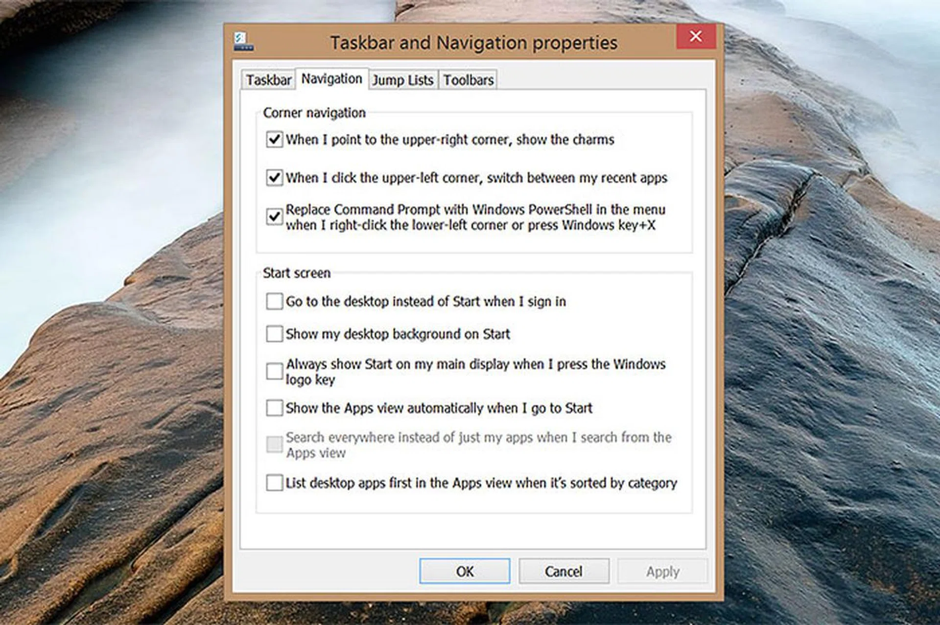 Power users who want to alter how the Start screen behaves should check out the Taskbar and Navigation properties panel.
