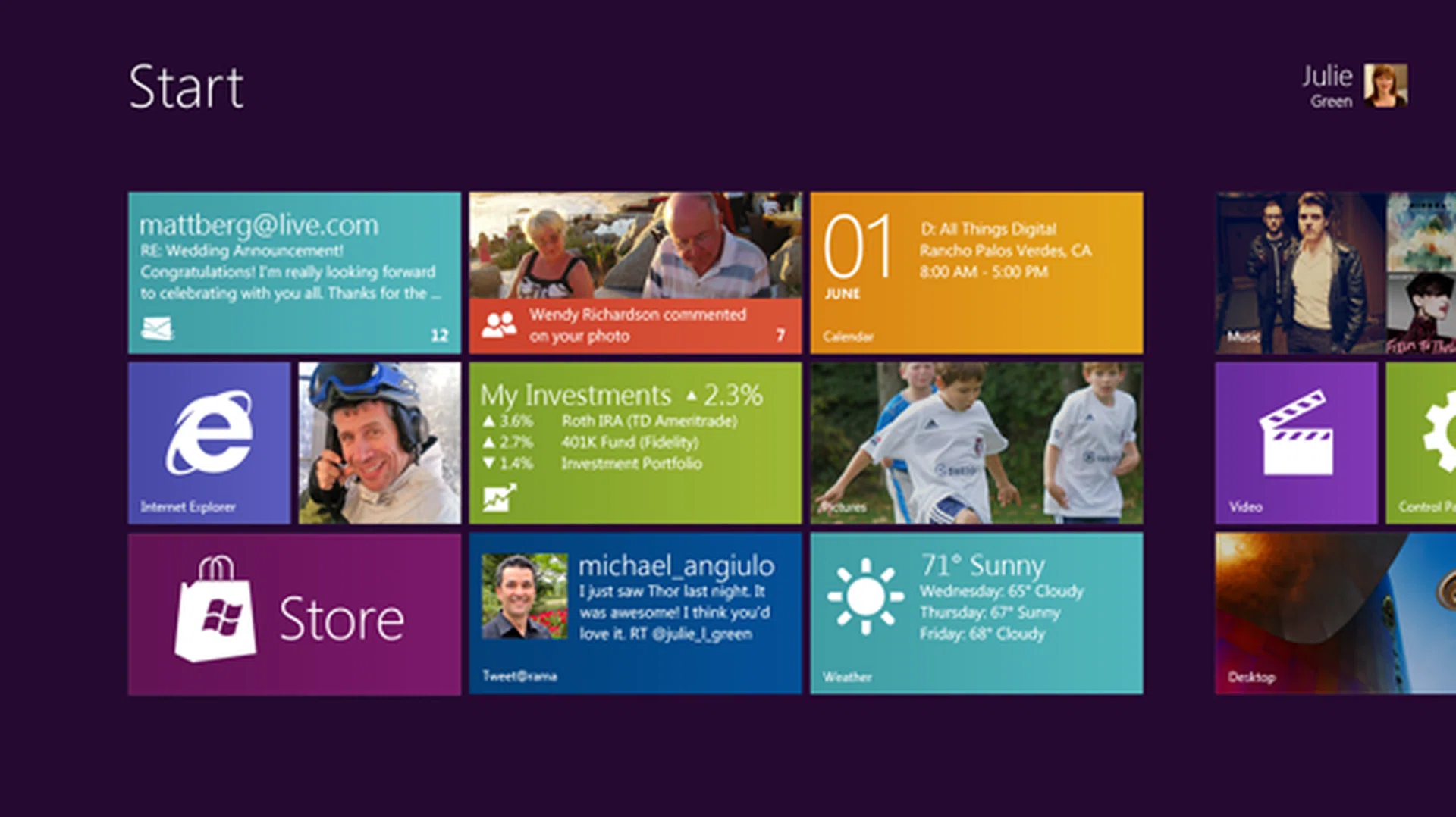 The new Modern UI has a Start screen that looks and feels alive and fresh. This is unlike any Windows of old.