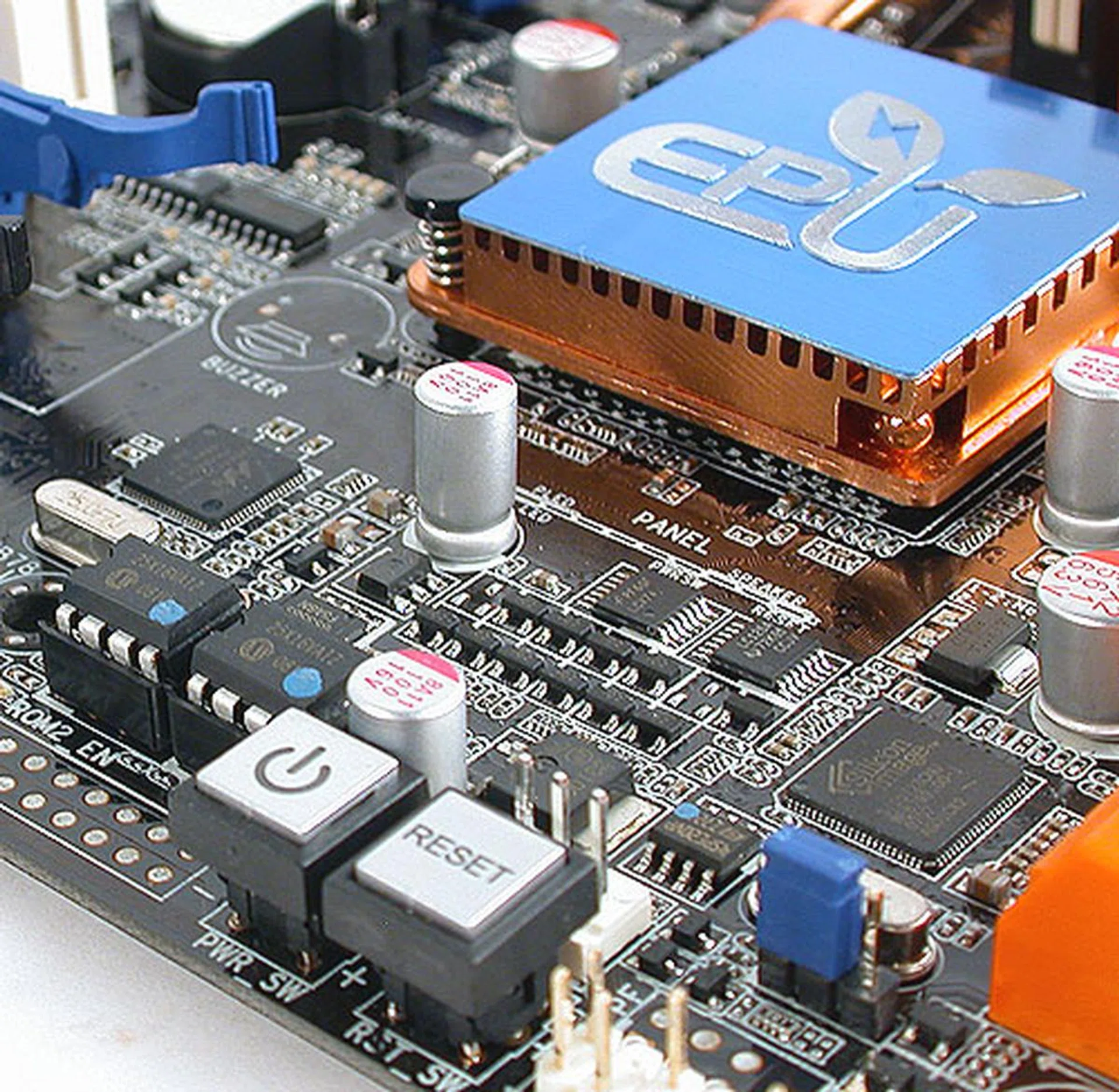 Like previous ASUS boards, you don't have to attach your power and reset headers from the chassis anymore with these buttons. Also, the EPU logo embossed prominently on the Southbridge heatsink indicates that ASUS' Energy Processing Unit (EPU) chipset is onboard, making for greater energy efficiency.