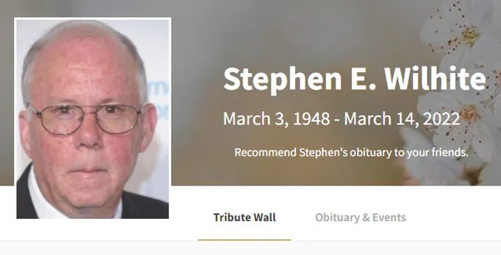 Stephen Wilhite's obituary announcement. 