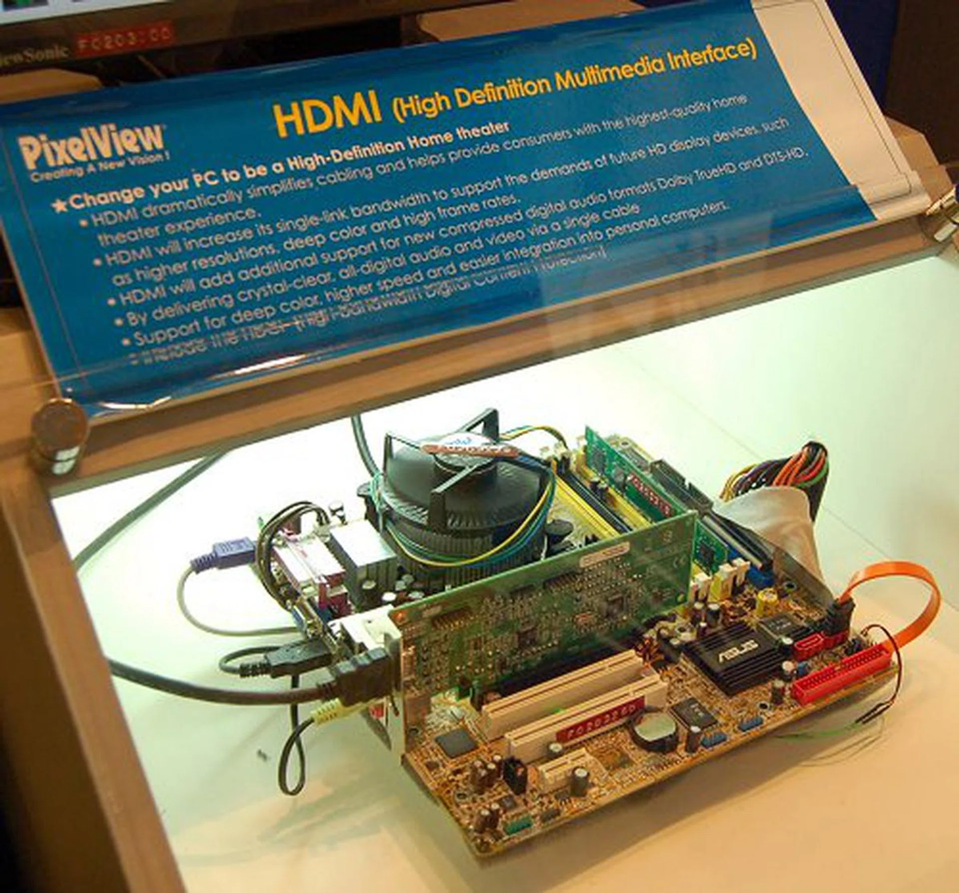 A quick and easy way to transform your PC into a high-definition home theatre is to get yourself a PixelView PV-CH7315 video card with HDMI output. One catch though, you'll need to have a motherboard running Intel G965 chip.