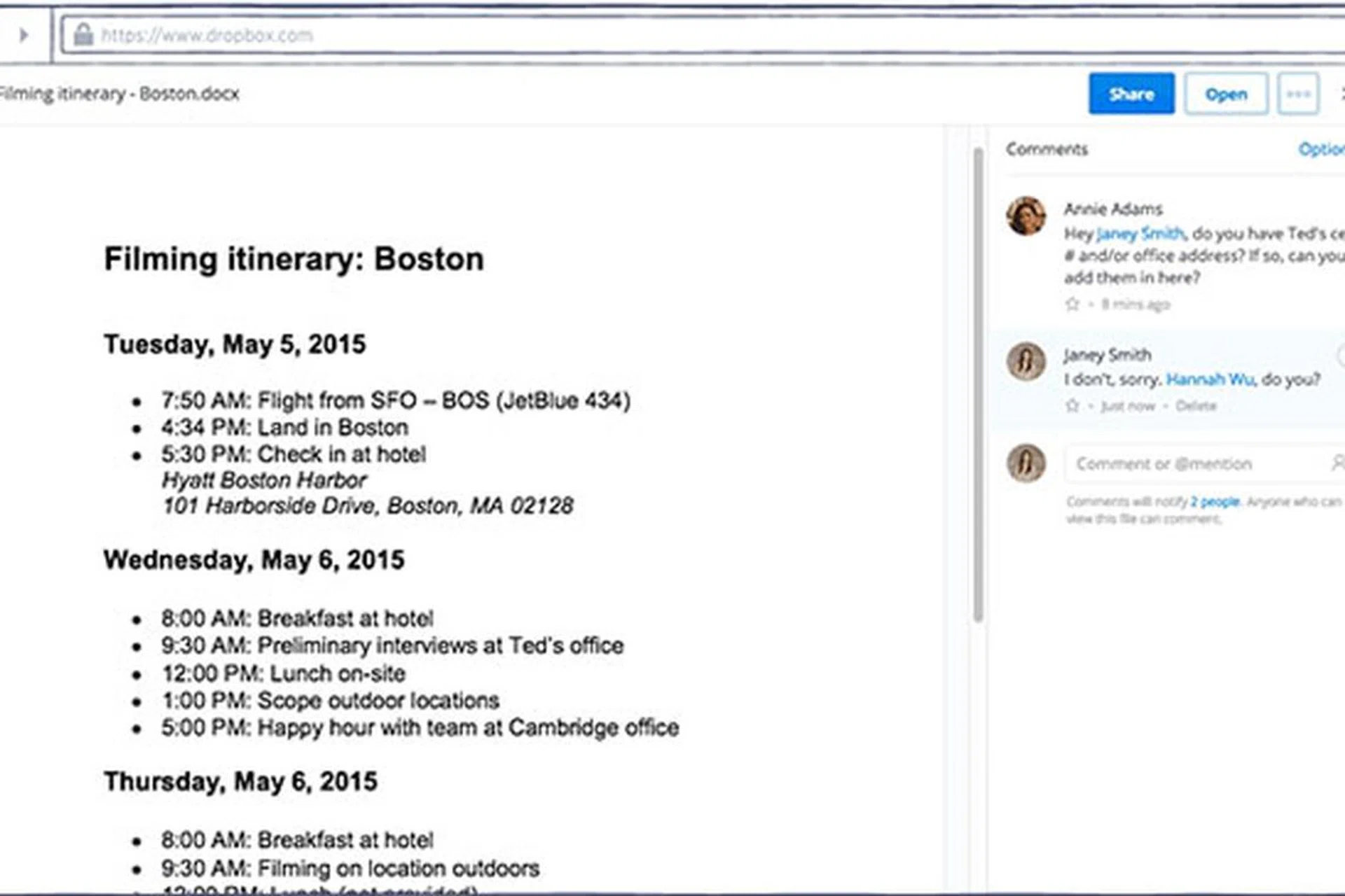 Users can add comments to shared files in a conversation sidebar. (Image Source: Dropbox)