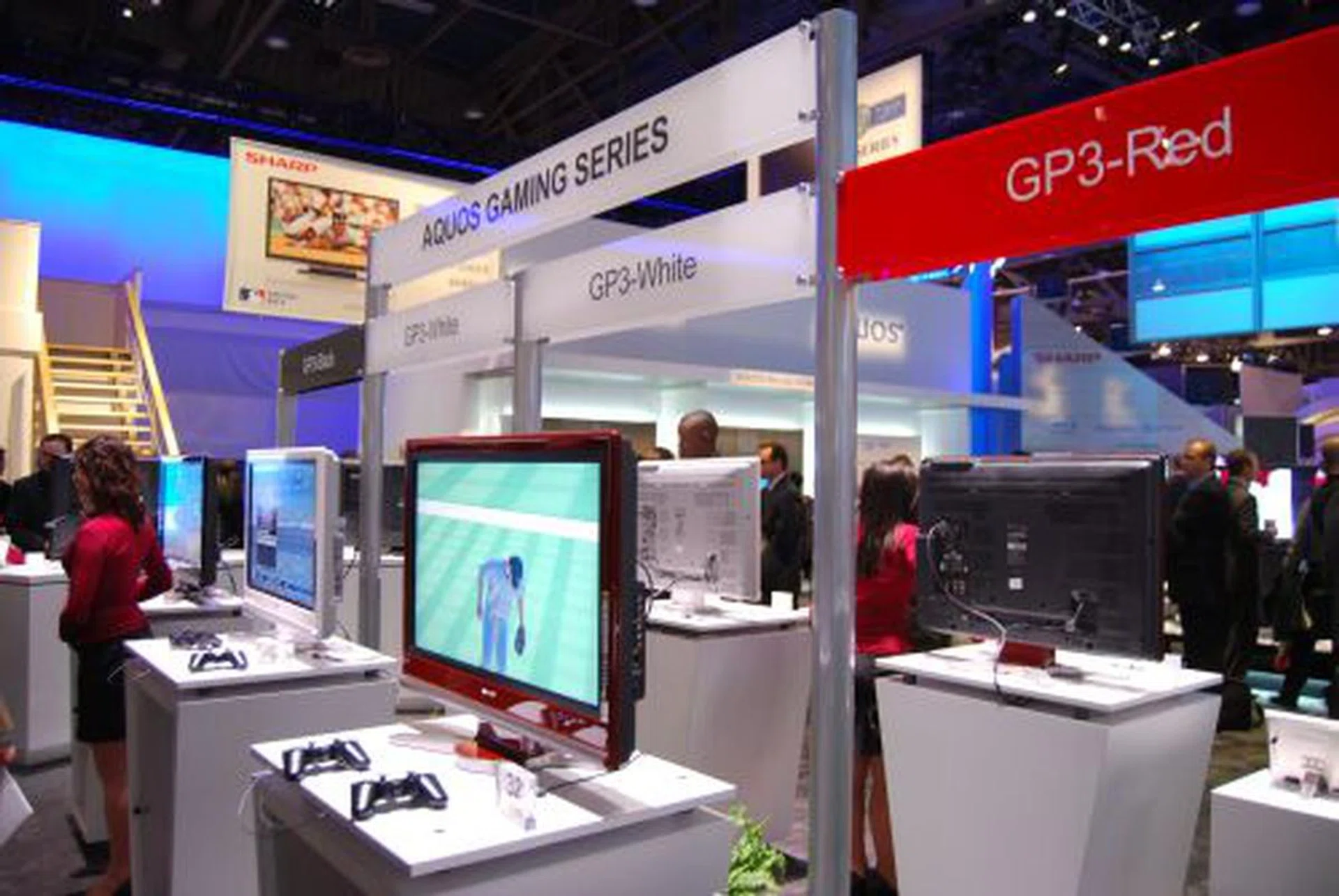  Sharp also unveiled its second-generation 32" full HD 1080p LCD TV for gaming enthusiasts, which is available in three glossy finish colors – black (LC-32GP3U-B), dark wine red (LC-32GP3U-R) and white (LC-32GP3U-W). Fitted in a slim body on a unique swivel stand, the 32GP has a "Game Mode" that optimizes picture quality during gaming with a custom-designed remote control for gamers to gain quick access to the side-terminal inputs. All three models have 10,000:1 contrast ratio and costs US$1,600 each.  