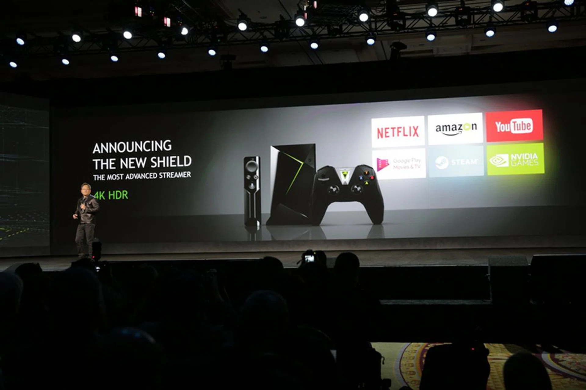 nvidia, geforce now, nvidia shield, jen-hsun huang, ces 2017, artificial intelligence, nvidia quadro, epic games, unreal engine 4, geforce gtx 1080, nvidia gameworks, google assistant, nvidia spot, amazon video, netflix, youtube, google play movies, vudu