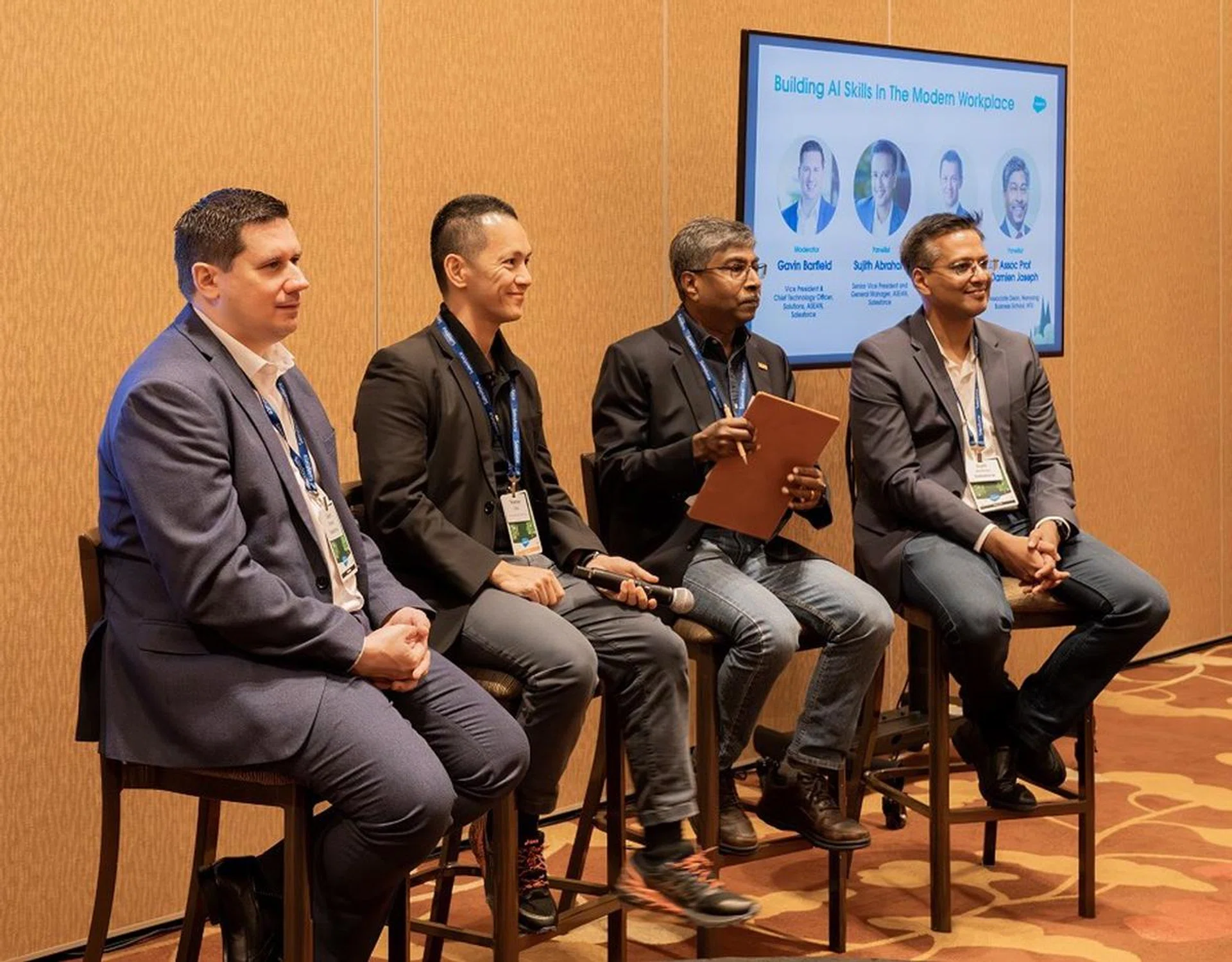 Left to Right: Gavin Barfield, VP & CTO, Solutions for Salesforce ASEAN, Terence Chia, Cluster Director for IMDA, Assoc Prof Damien Joseph, Associate Dean for Nanyang Business School at NTU, and Sujith Abraham, SVP and GM for Salesforce ASEAN.
