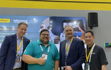 Holger Reisinger, Senior Vice President, Large Enterprise Solutions at Jabra, Pratik Chanda, Regional Sales Lead,  Microsoft Teams Room, APAC, Aurangzeb Khan, Senior Vice President, Intelligent Vision Systems, Jabra, and fireside chat moderator Wayne Lee, Director, Products and Strategic Alliances, APAC, Jabra. 