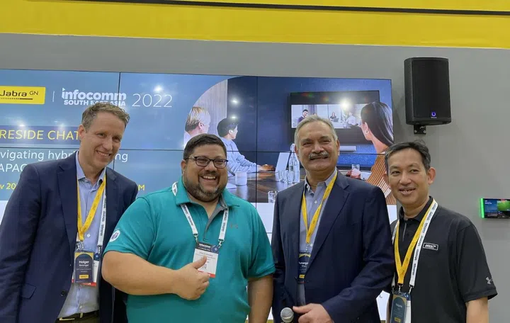 Holger Reisinger, Senior Vice President, Large Enterprise Solutions at Jabra, Pratik Chanda, Regional Sales Lead,  Microsoft Teams Room, APAC, Aurangzeb Khan, Senior Vice President, Intelligent Vision Systems, Jabra, and fireside chat moderator Wayne Lee, Director, Products and Strategic Alliances, APAC, Jabra. 