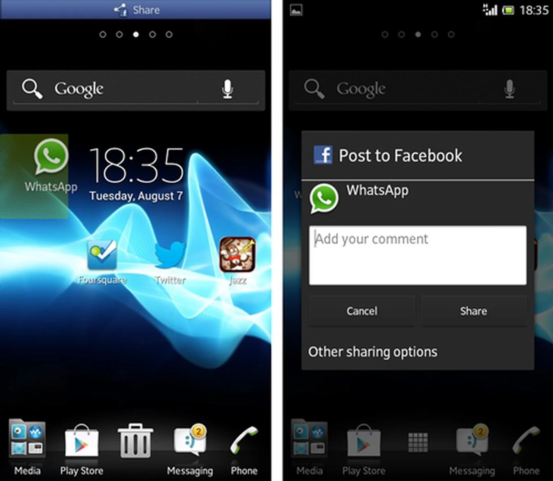Long pressing any app on the home screen not only allows you to remove it but also share/recommend it on your Facebook account.
