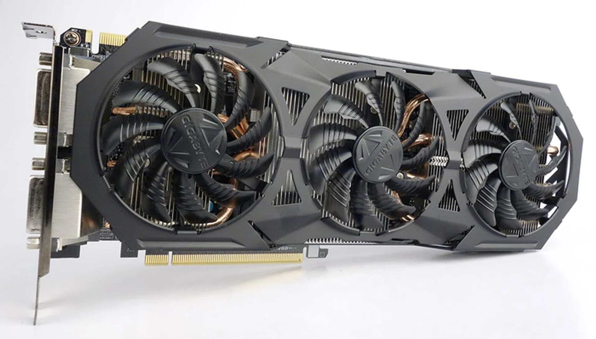 The Gigabyte GeForce GTX 960 G1 Gaming card is the longest card in this shootout, all thanks to its Windforce 3x cooling system.