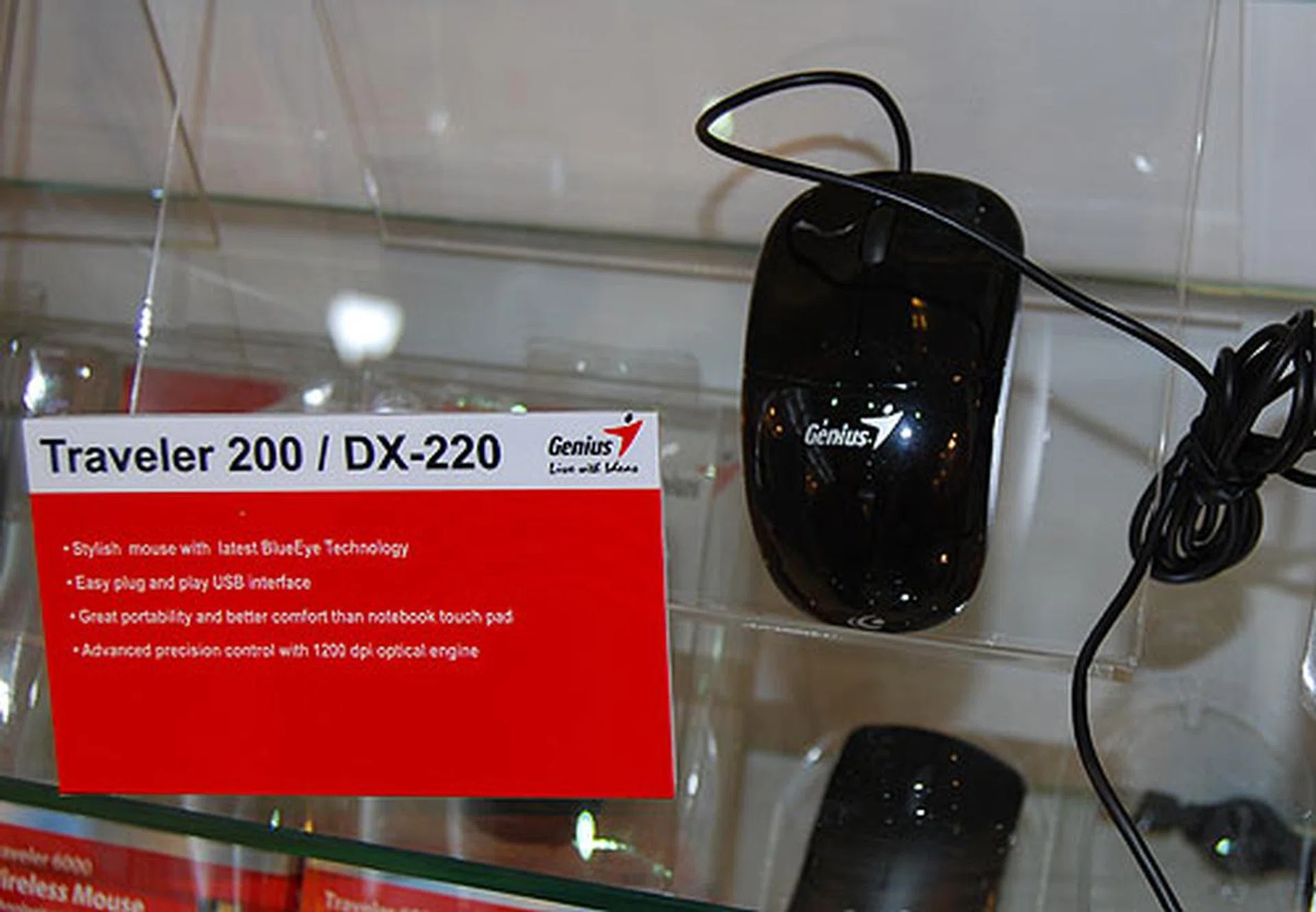 Genius has a whole range of mice with its BlueEye technology that can work on reflective surfaces like glass. The Traveler 200 shown here is just one example; it's small and portable and designed for those who require more than the notebook touch pad.