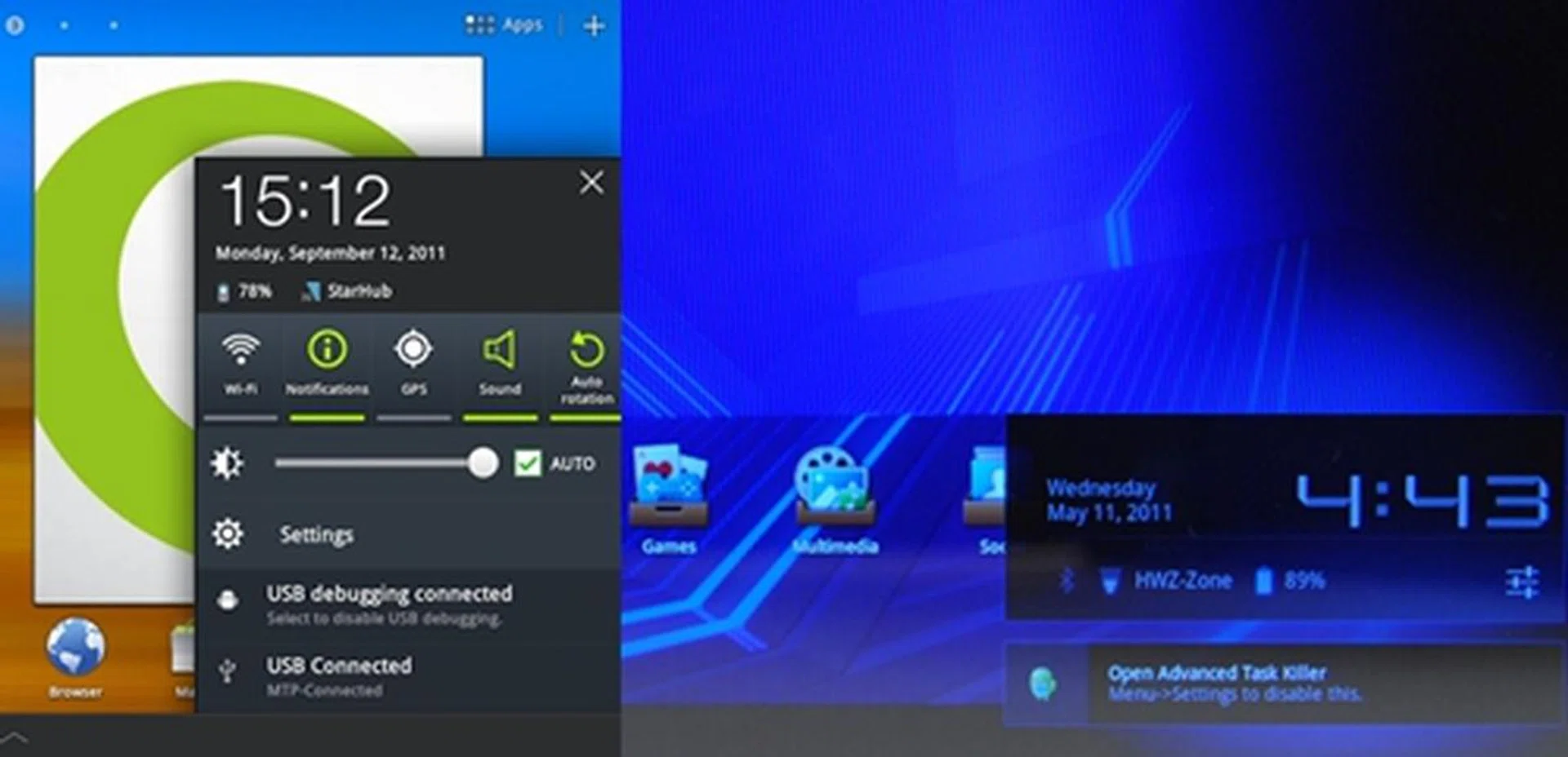 Compared to the standard notification panel (right) that is commonly found on Honeycomb tablets, the one in the Samsung Galaxy Tab 10.1 (left) is tweaked to enable users to toggle with more connectivity settings such as GPS, Bluetooth and Auto Rotation.