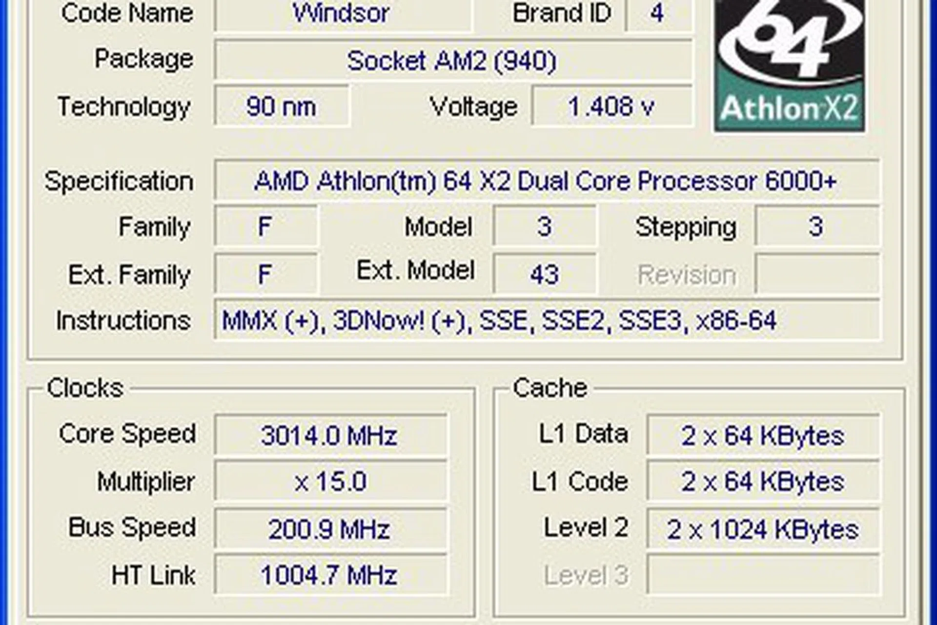 The CPU-Z screenshot of the Athlon 64 X2 6000+ processor.