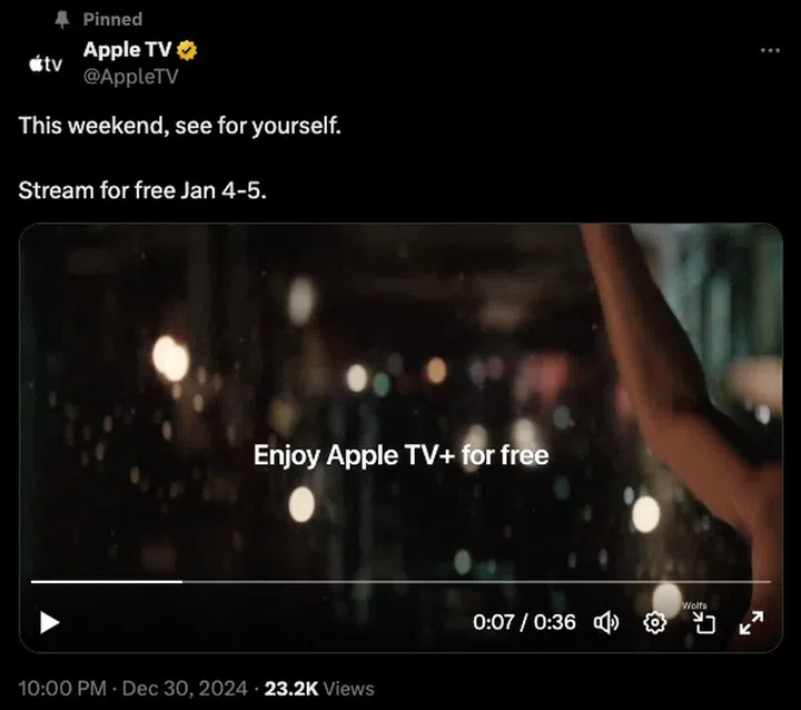 Apple is offering free streaming of its Apple TV+ service this weekend (4 Jan to 5 Jan 2025). 