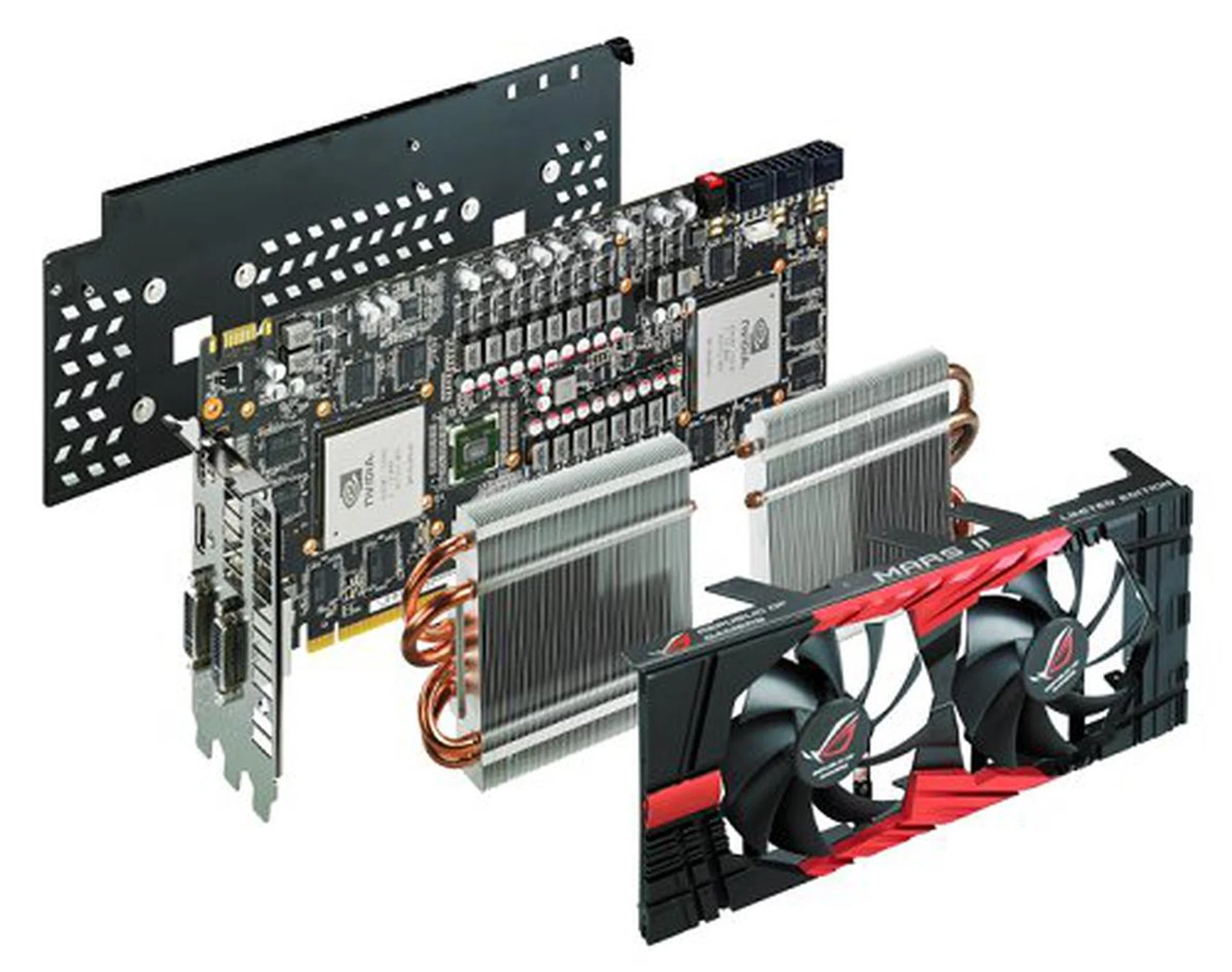 Here's a break-out illustration of the major parts making up the ASUS Mars II. Staring from the rear, you see a firm back plate, the Mars II graphics card with it dual GPUs and bridge chip, dual heatsink modules with direct heatpipes and dual 120mm cooling fans and shroud.