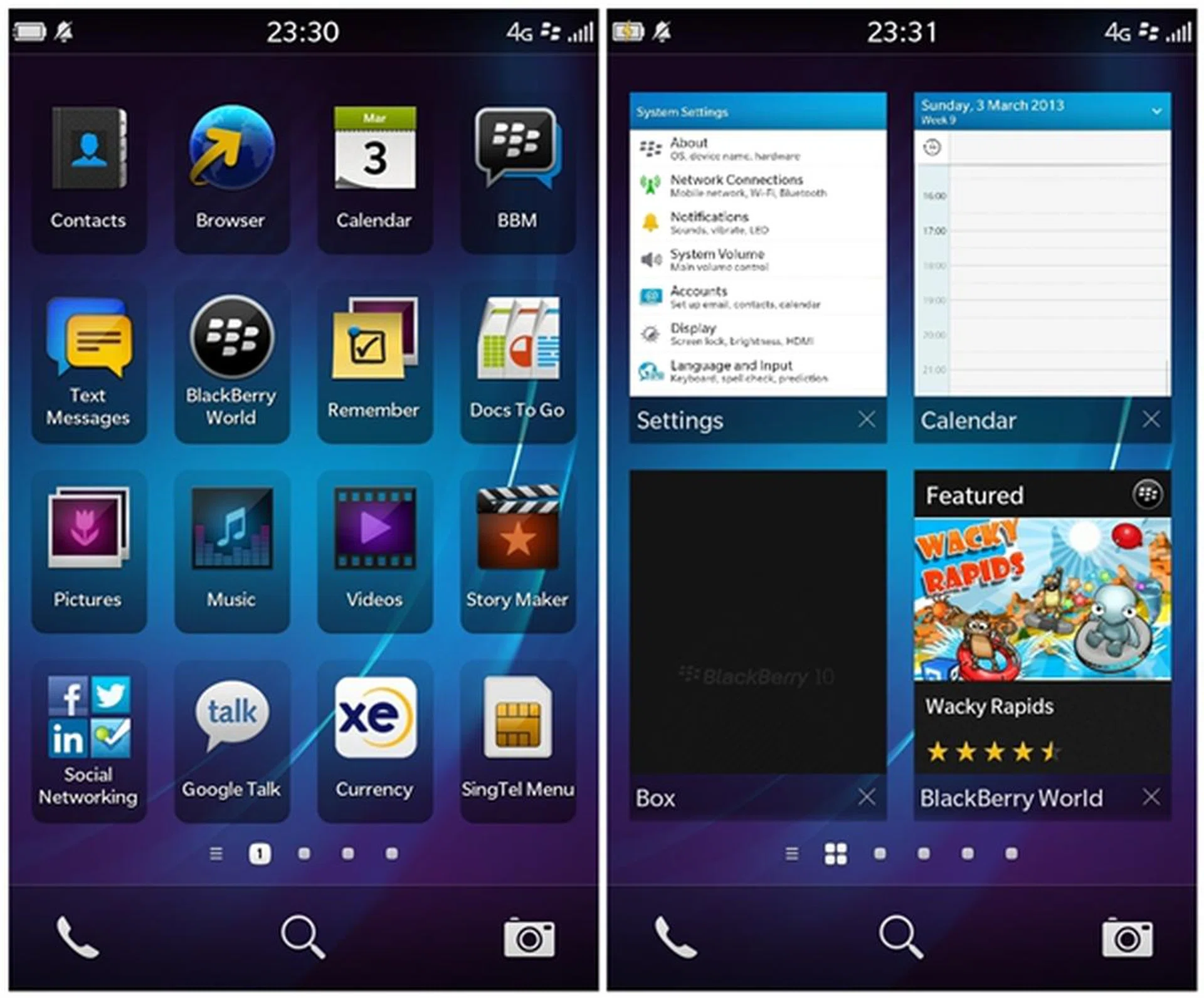 Left: Main home screen of BlackBerry 10 OS. <br> Right: Multitasking on BlackBerry 10 OS.