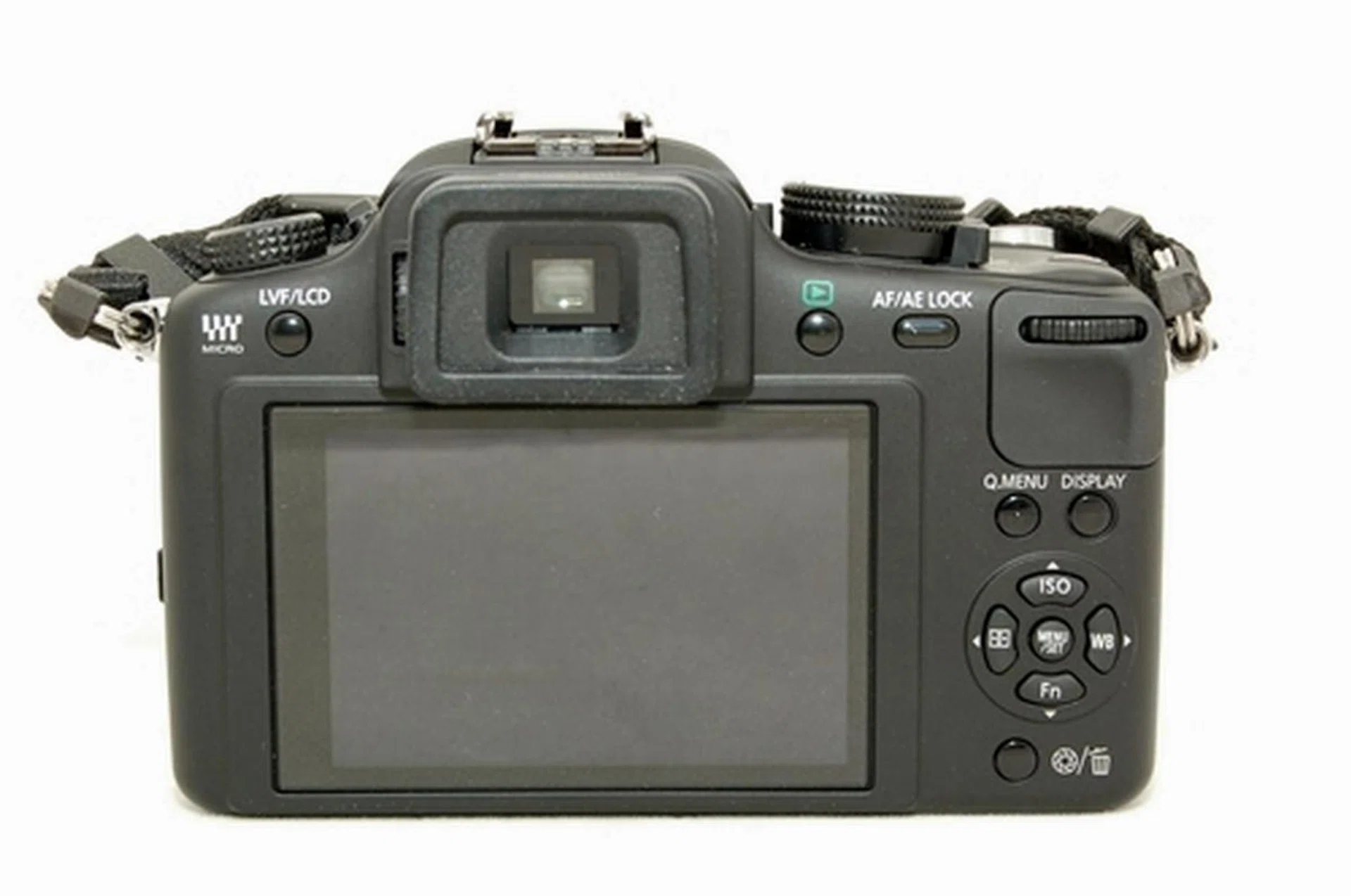 A wide shot of the back of the camera. Visibly seen here are the 3.0-inch LCD screen and camera control buttons. Note that screen is fixed, unlike the swivelling variant of the G2.